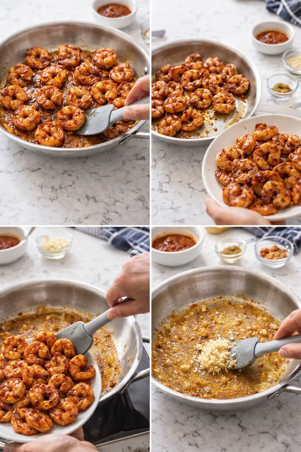 Collage of shrimp being sautéed in a skillet with glossy sauce, then plated and finished with toppings.