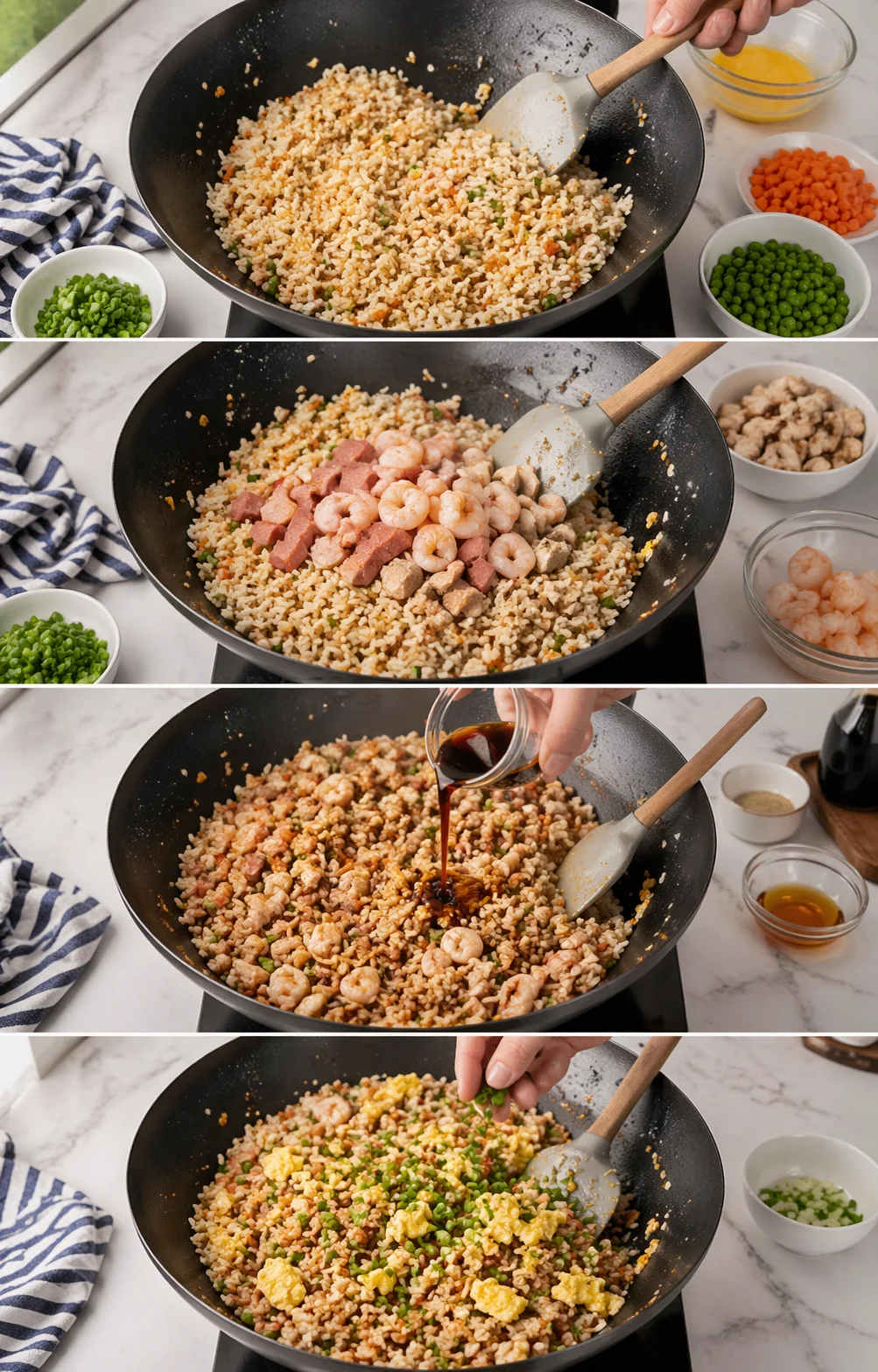 Collage of a skillet fried rice in progress with shrimp, ham, and sauce.