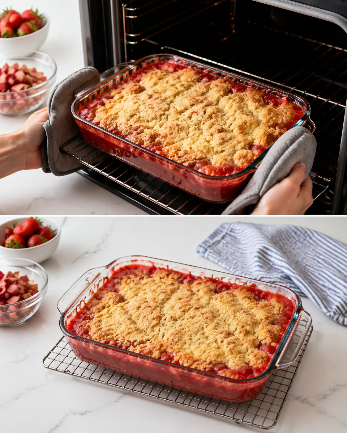 Glass baking dish of strawberry crumble in the oven, with bowls of strawberries nearby.