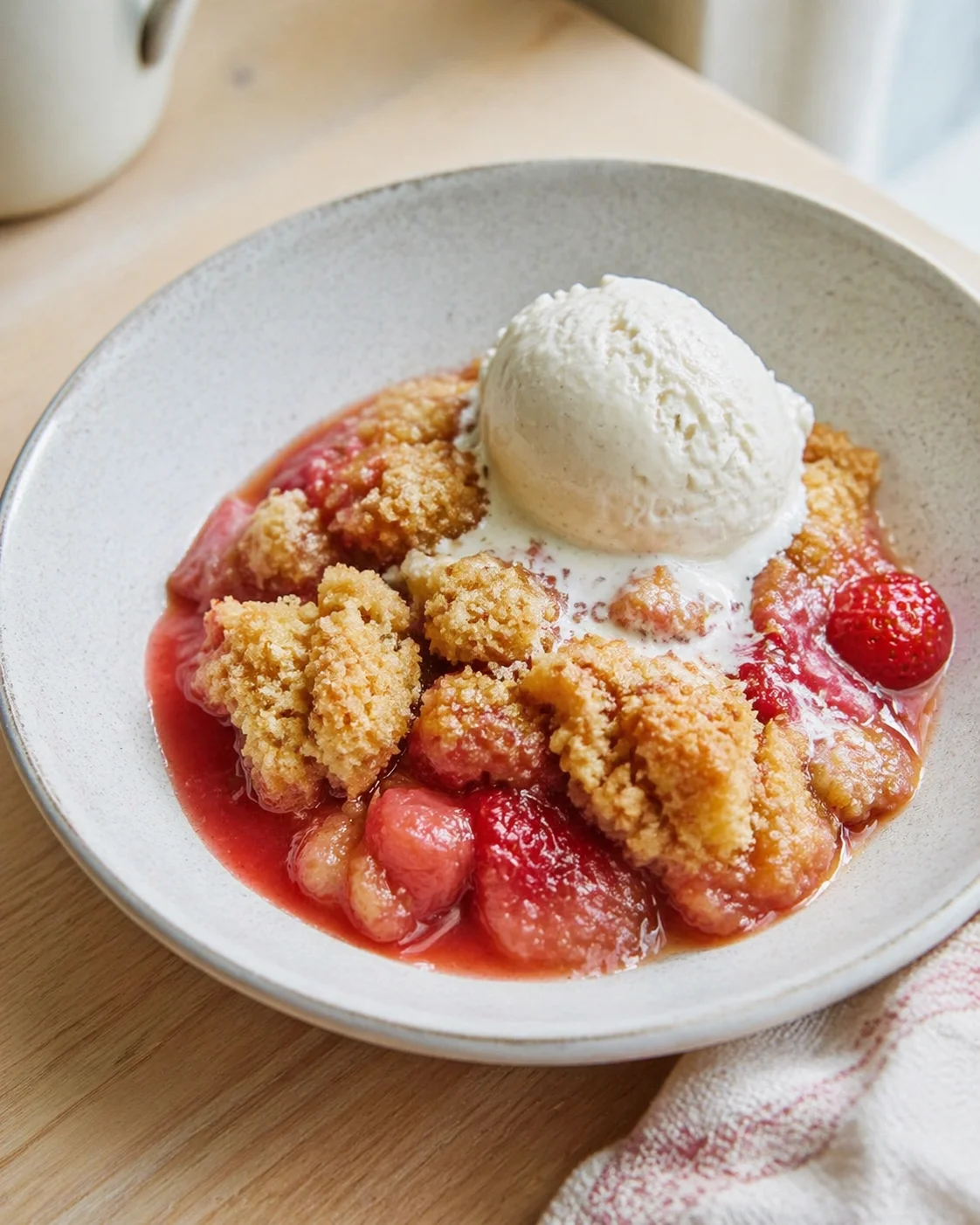 bowl of strawberry crumble with vanilla ice cream on a wooden table