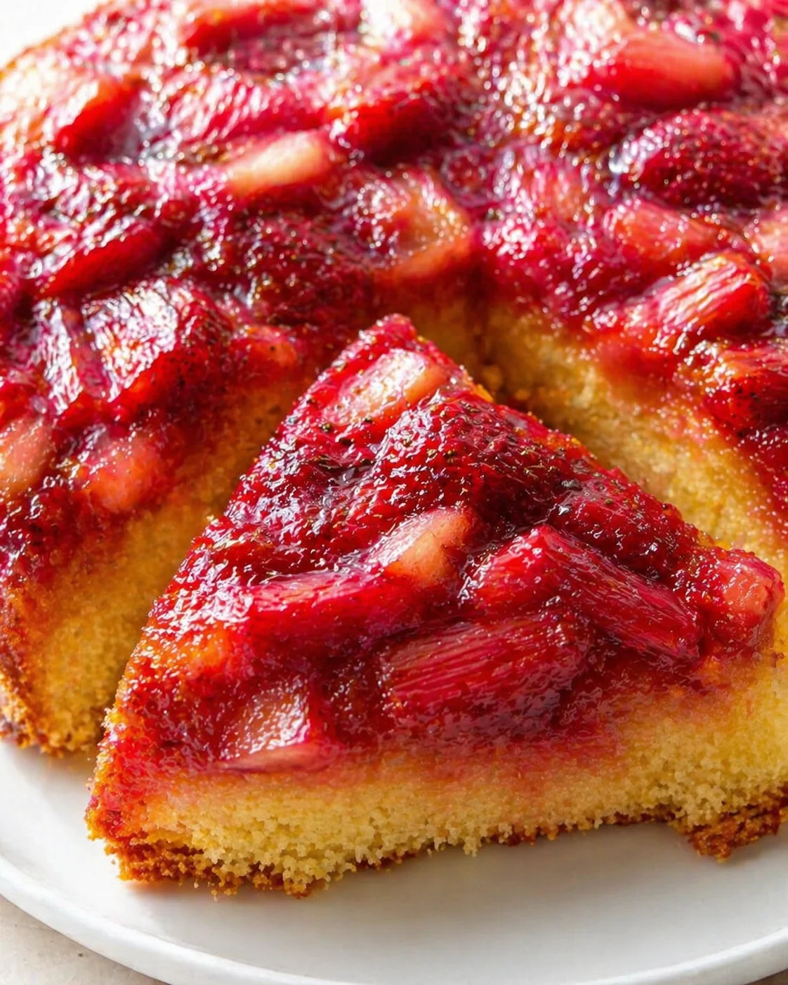 close-up of strawberry-glazed cake slices on a white plate with glossy red topping