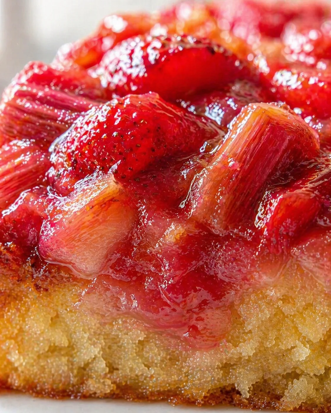 Close-up of a strawberry-glazed crumb cake with glossy red strawberry topping.