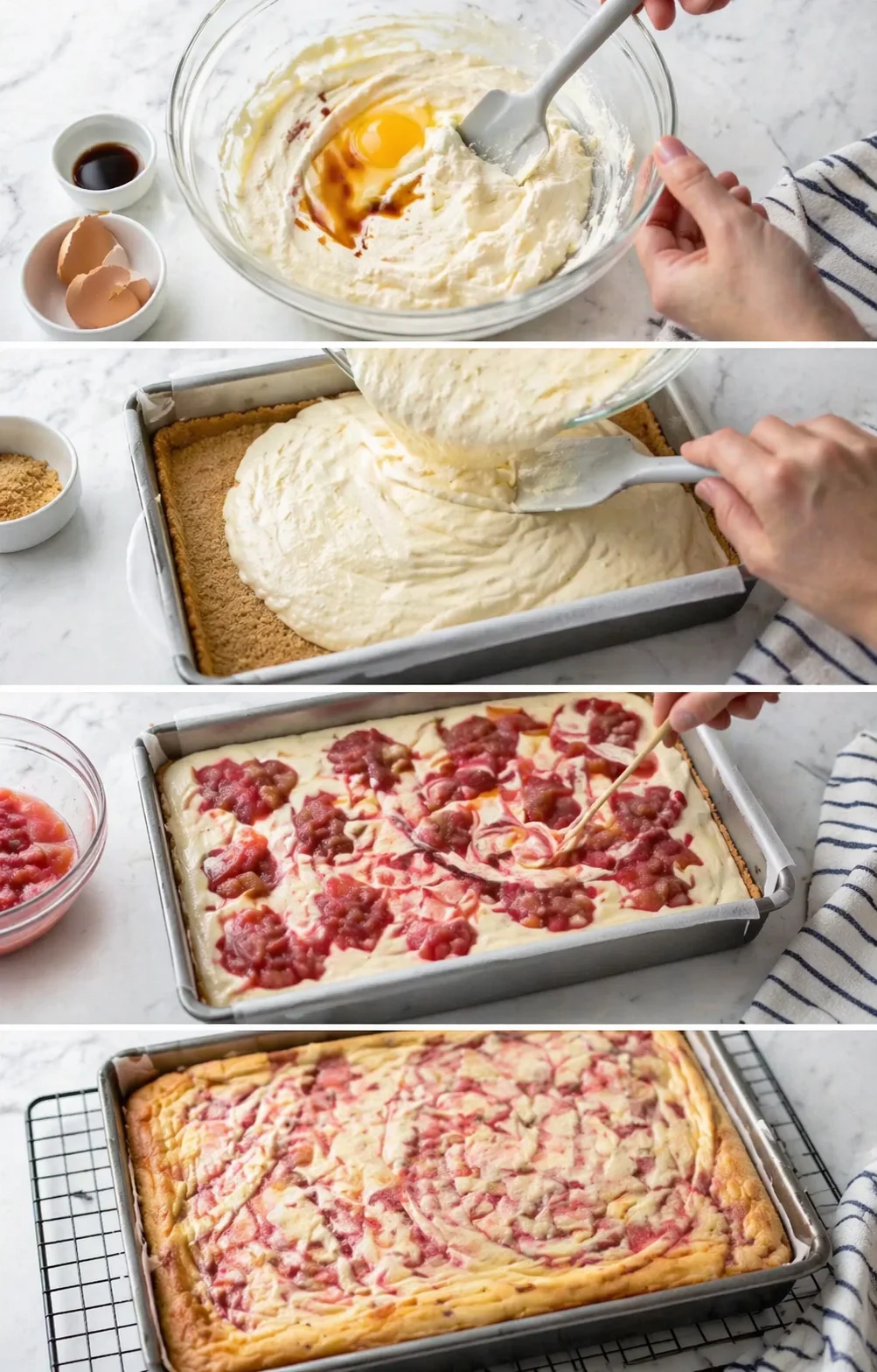 Step-by-step view of making rhubarb cheesecake bars: mixing filling, crust, and swirled fruit.