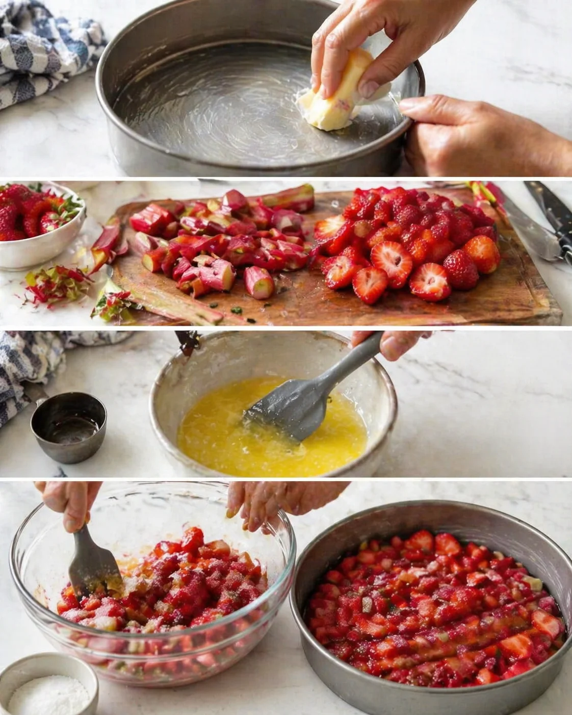 collage of strawberry-rhubarb dessert prep: buttered pan, chopped fruit, melted mixture, and filling in bowls.