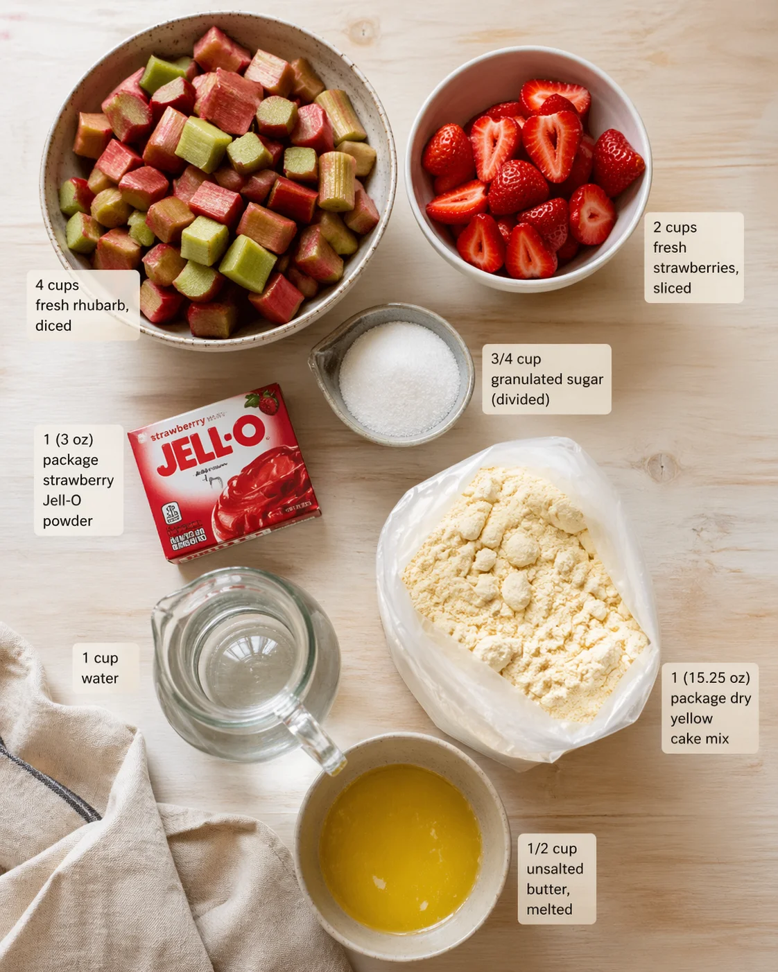 Overhead view of rhubarb cubes and strawberries with Jell-O, cake mix, sugar, water, and melted butter.