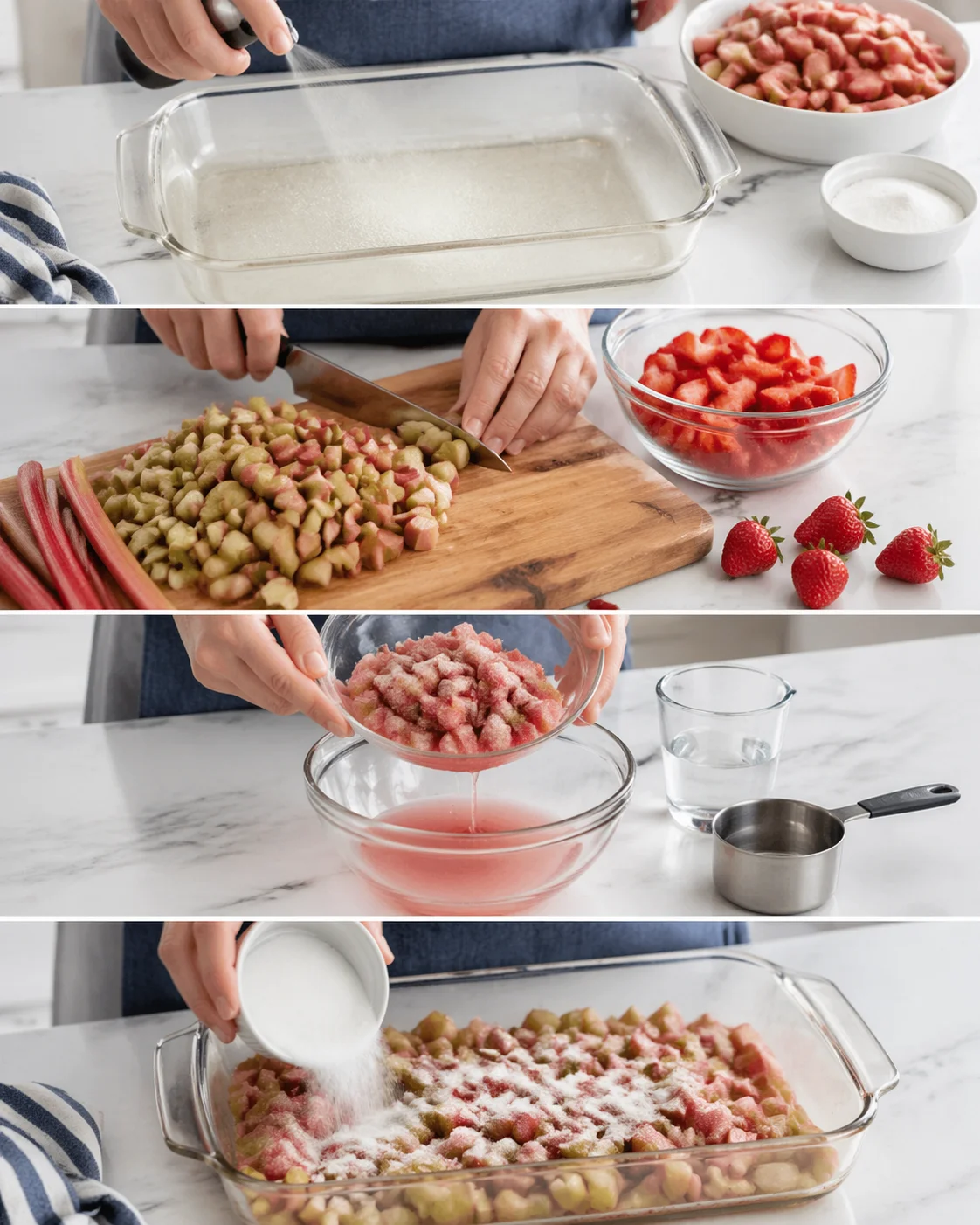 Hands chop rhubarb on a wooden board with strawberries nearby on a marble counter.