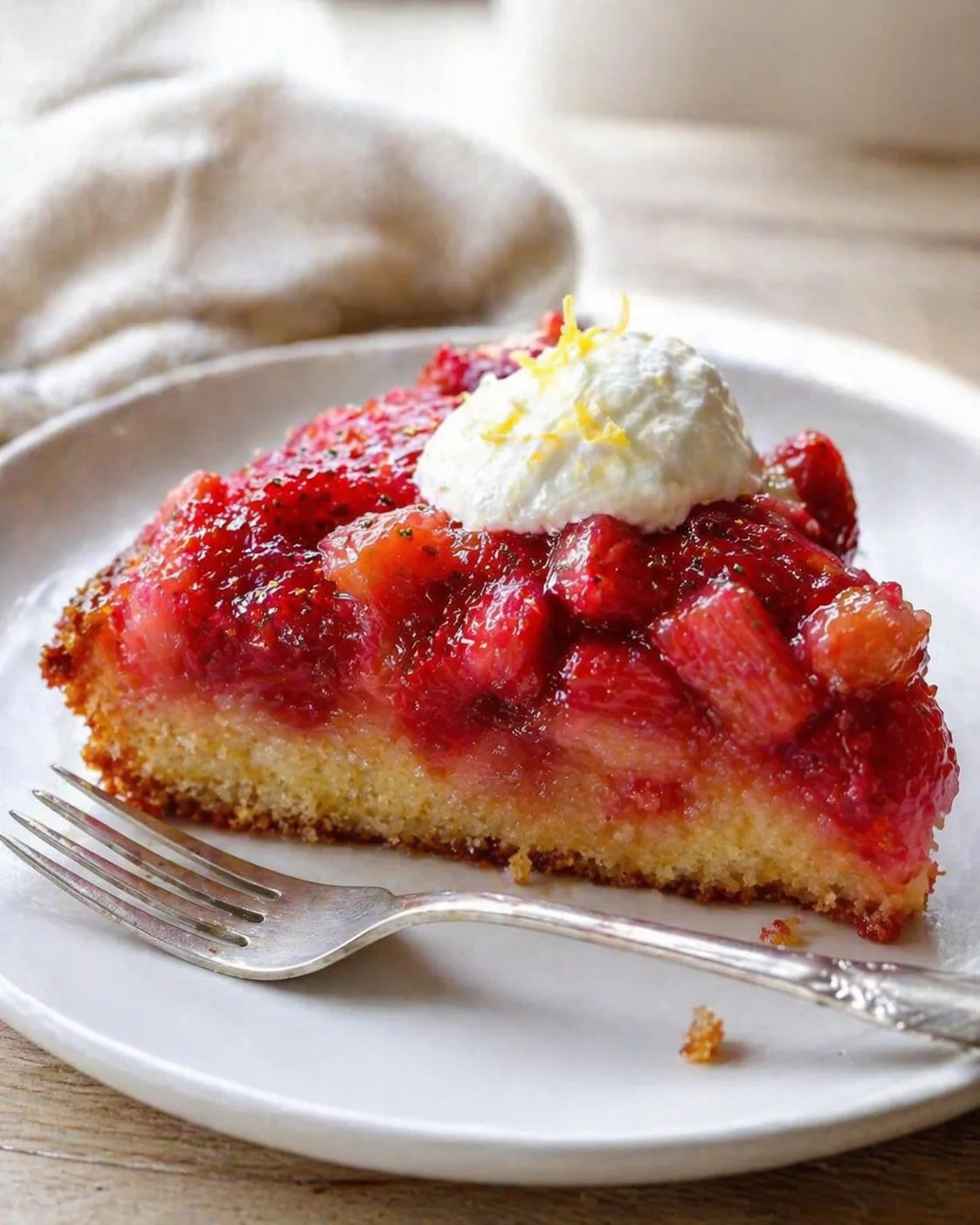 slice of strawberry cake with whipped cream dollop and lemon zest on a white plate