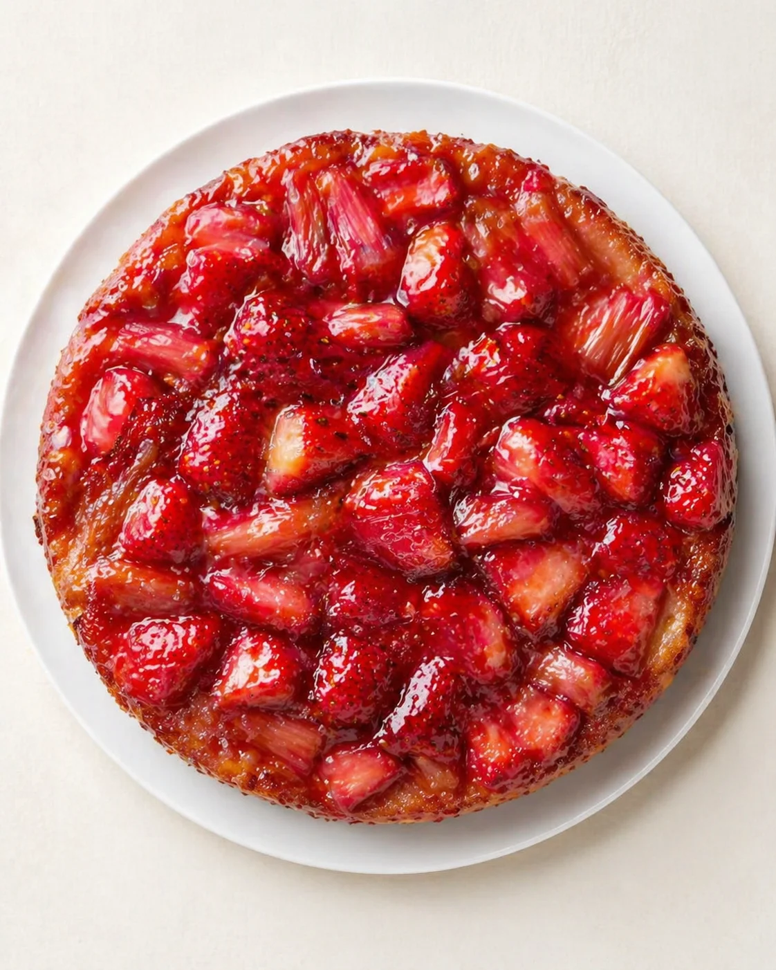 Overhead view of a glossy strawberry-topped cake on a white plate.