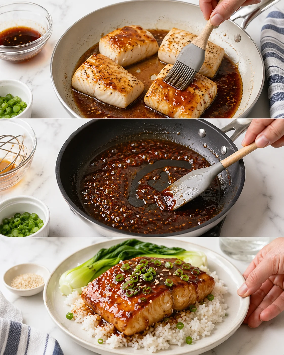 collage showing glazed protein being seared, simmered glaze, and final plate with rice and bok choy.