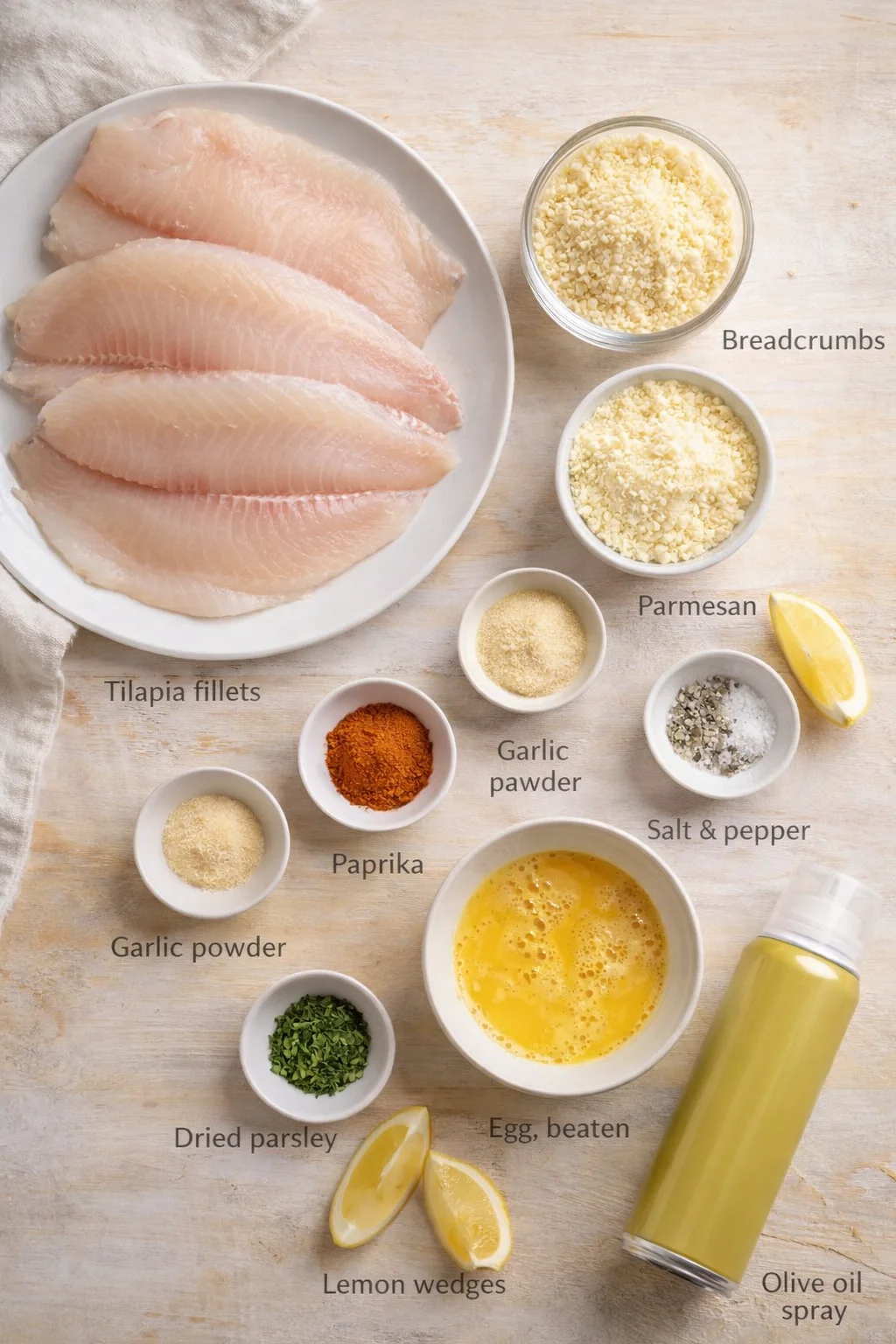 Top-down flat lay of tilapia fillets with seasonings and lemon wedges on a pale wood background.