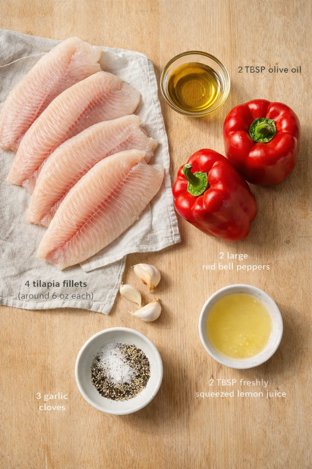 Raw tilapia fillets with garlic, red bell peppers, olive oil, and lemon juice on a wooden surface.