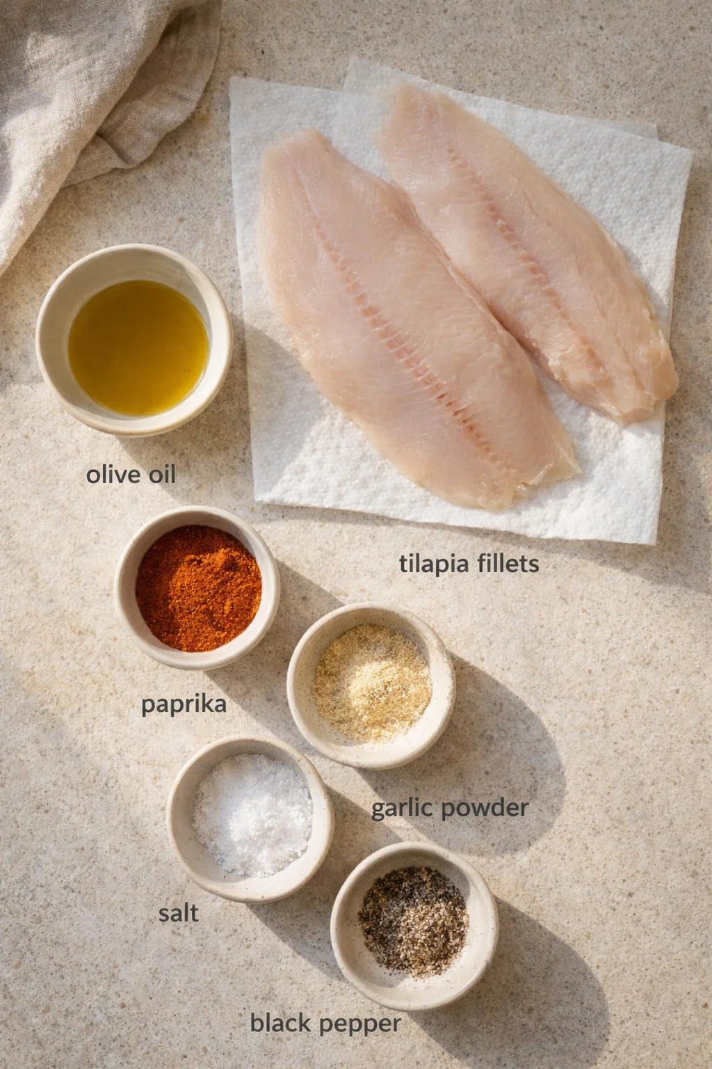 Two raw tilapia fillets on parchment with olive oil and spice bowls.