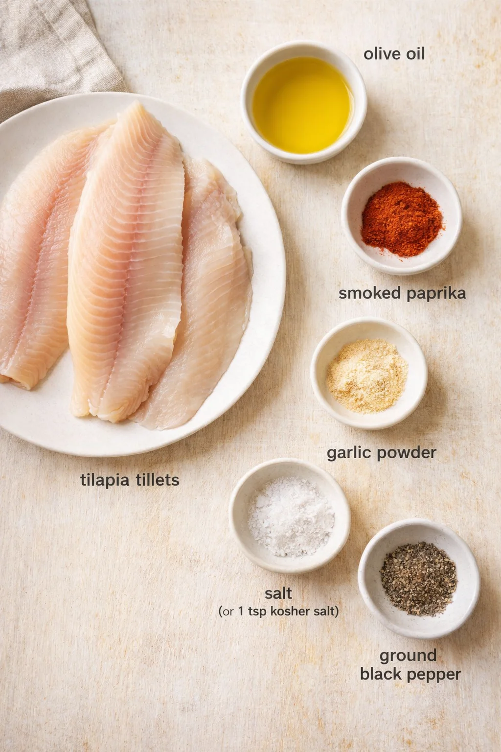 Overhead view of tilapia fillets with olive oil and spice bowls on a light wooden surface.