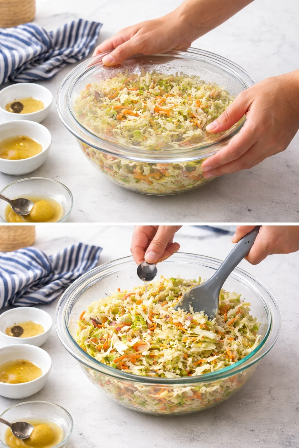 hands-stirring a colorful shredded-slaw in a glass bowl on a light countertop