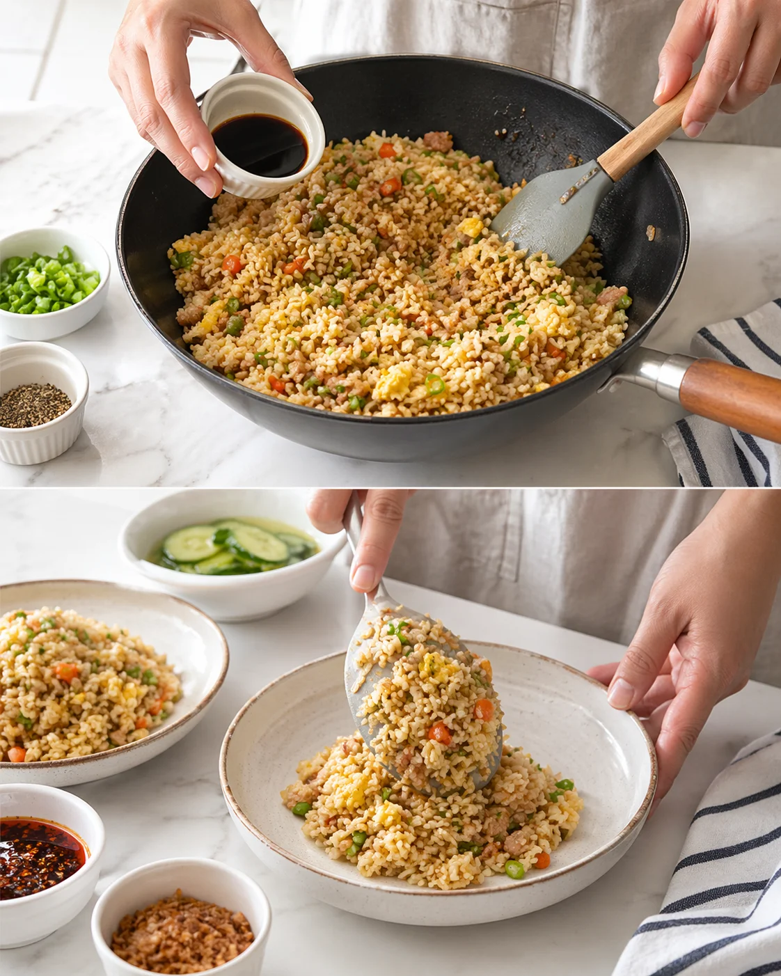 Hands pouring soy sauce into a wok of vegetable fried rice; plated serving on the side.
