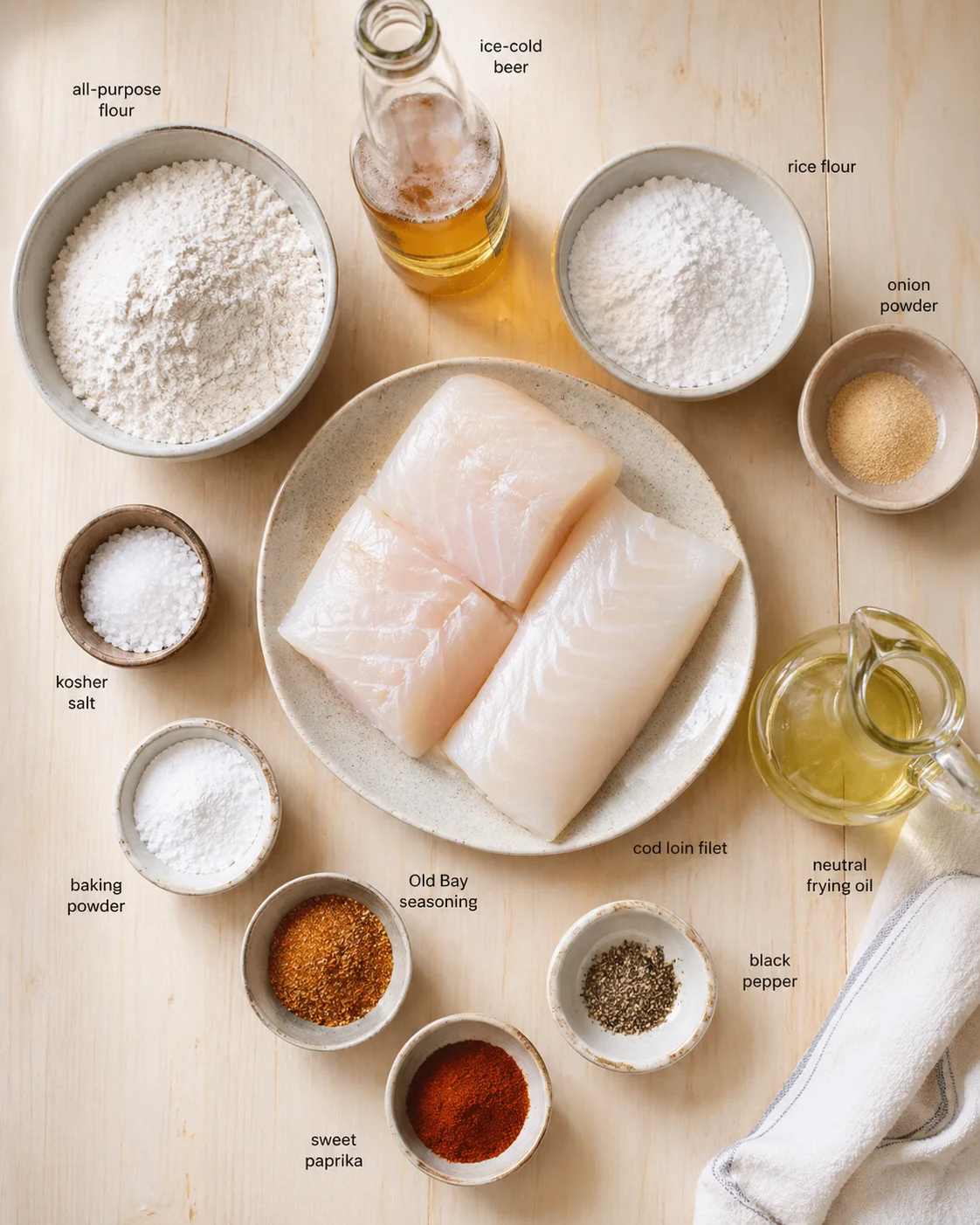 ingredients-placeholder.png Measured ingredients arranged for Crispy Beer Battered Cod with Malt Vinegar: all-purpose flour, rice flour, onion powder, kosher salt, baking powder, Old Bay seasoning