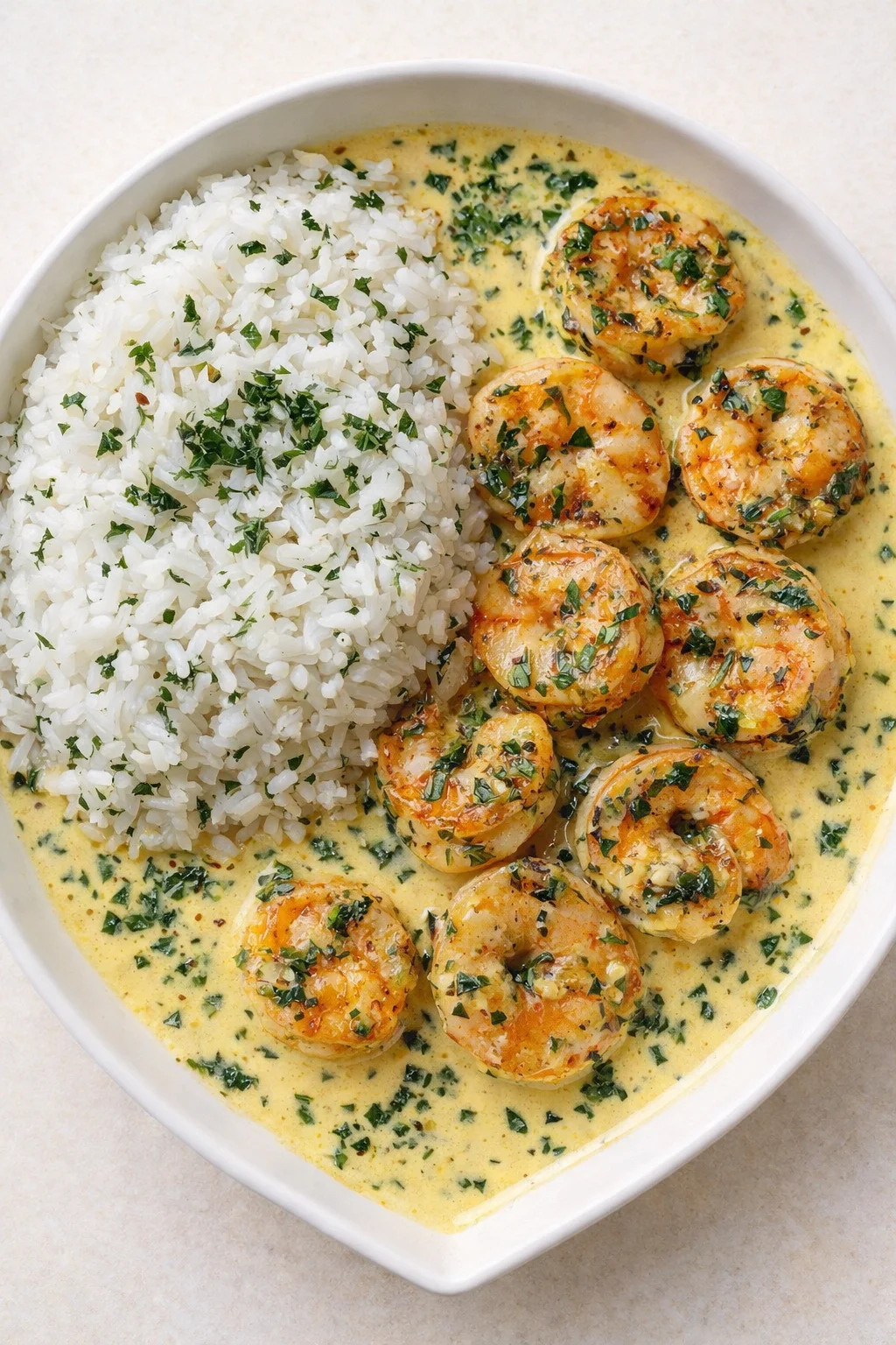 Straight-down overhead view of Creamy Garlic Shrimp Recipe