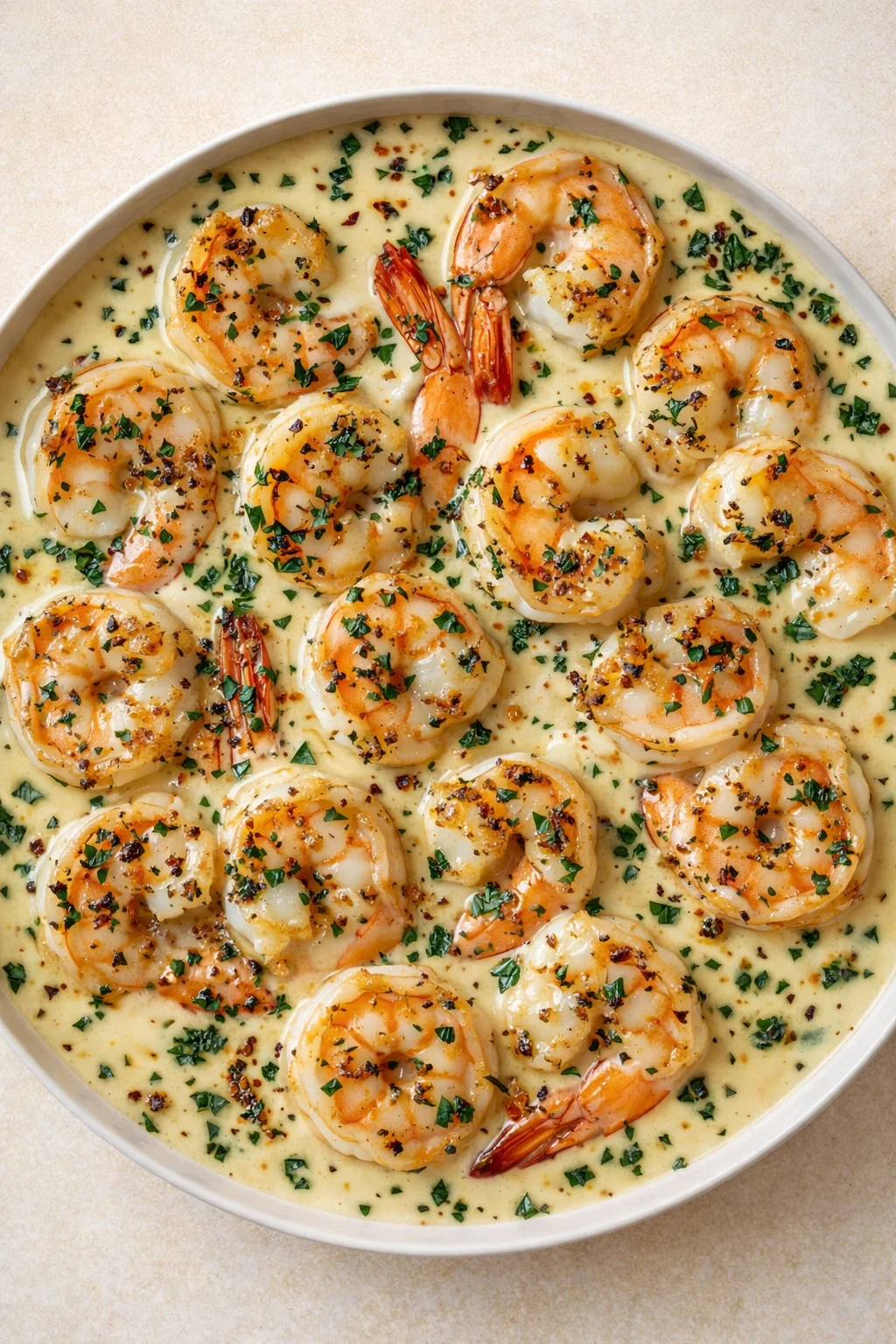 Straight-down overhead view of Easy Creamy Garlic Butter Shrimp Recipe - Quick Weeknight Dinner