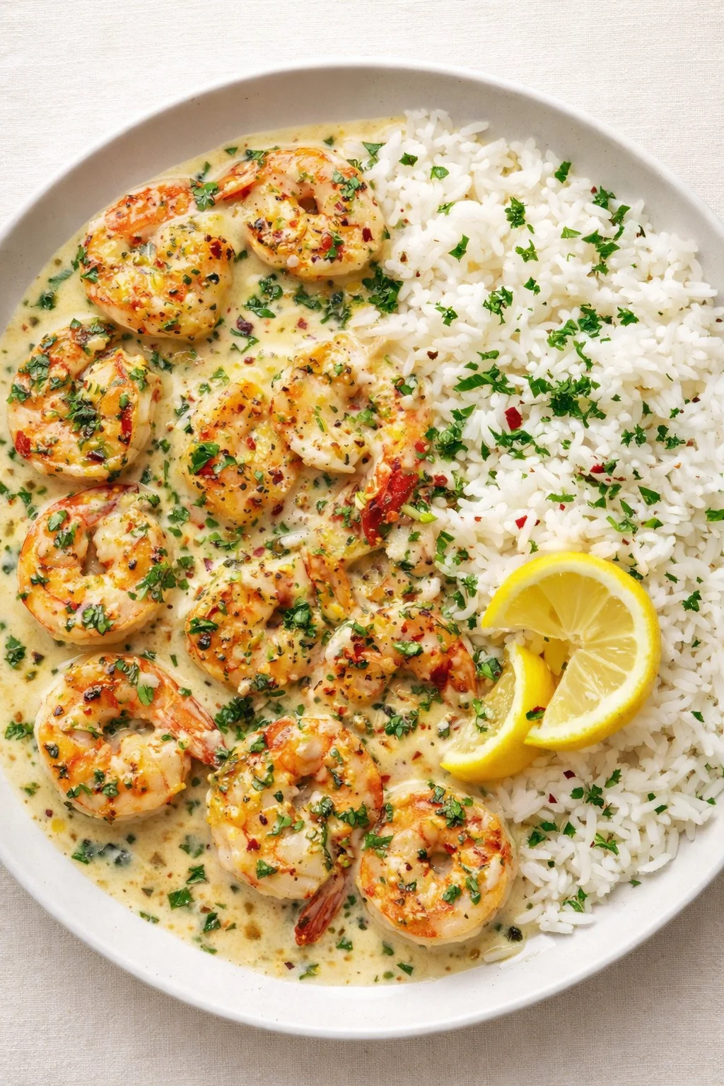 Straight-down overhead view of Creamy Garlic Butter Shrimp with Rice