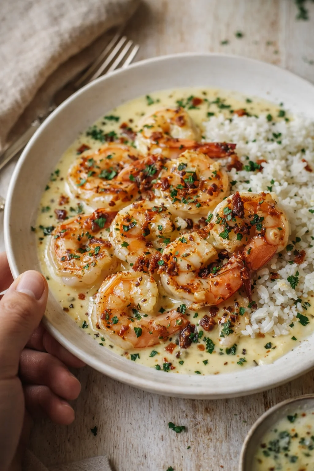 Single plated variation of Easy Creamy Garlic Butter Shrimp Recipe - Quick Weeknight Dinner shown in a natural kitchen scene