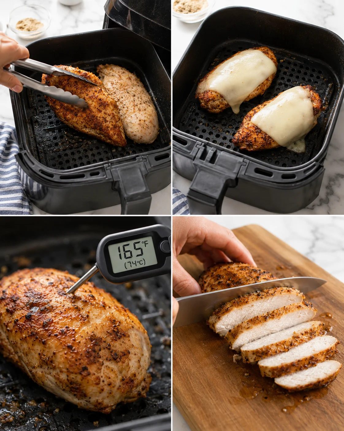 Collage of air-fryer chicken seasoned with spices, melted cheese, thermometer reading 165°F, and sliced chicken on a wooden board.
