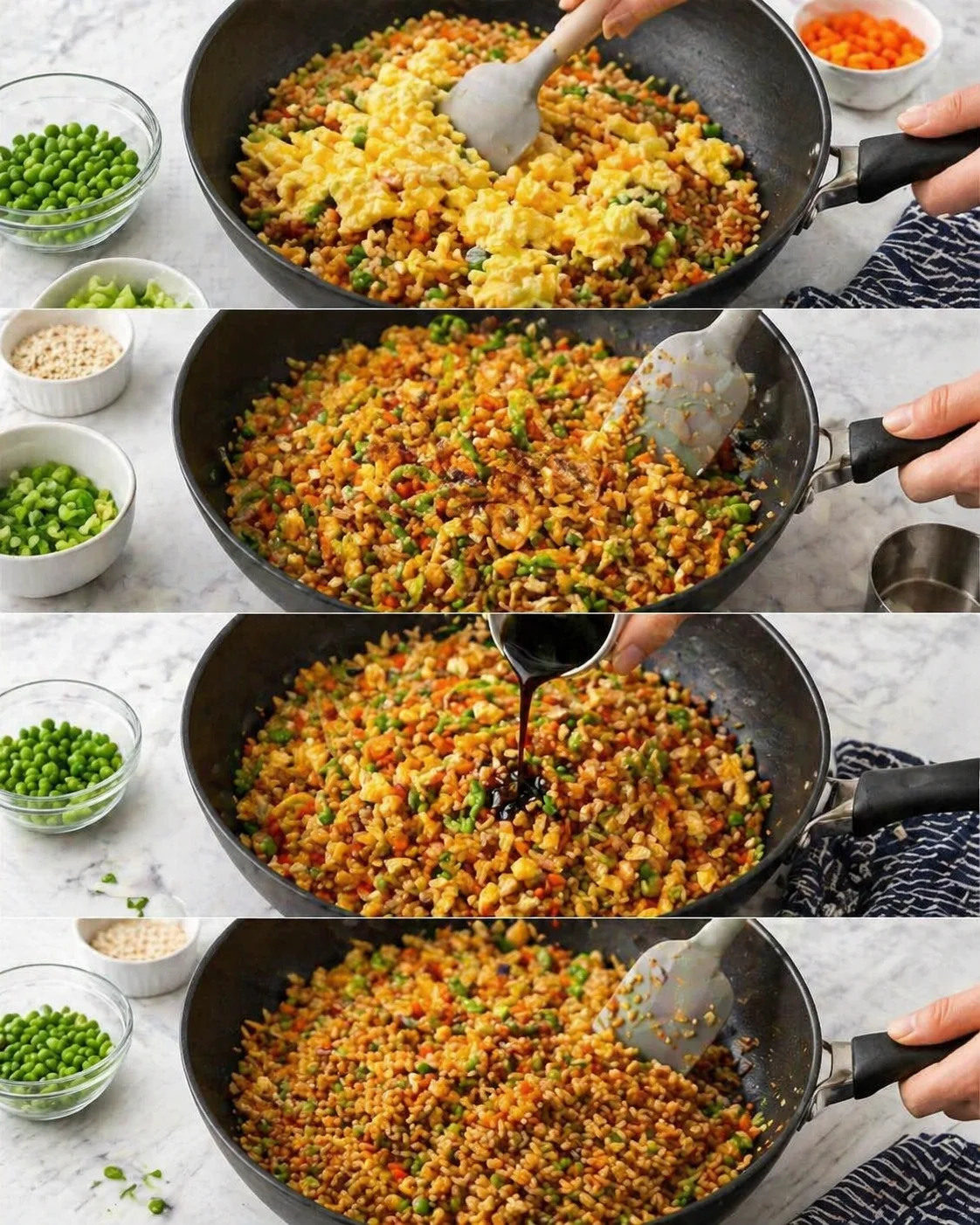 Scrambled eggs folded into rice, stirring to create golden crispy bits, peas and soy added.