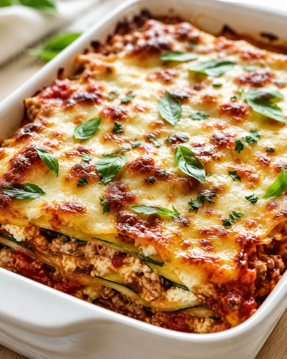 Baked lasagna in a white dish with melted cheese and fresh basil.