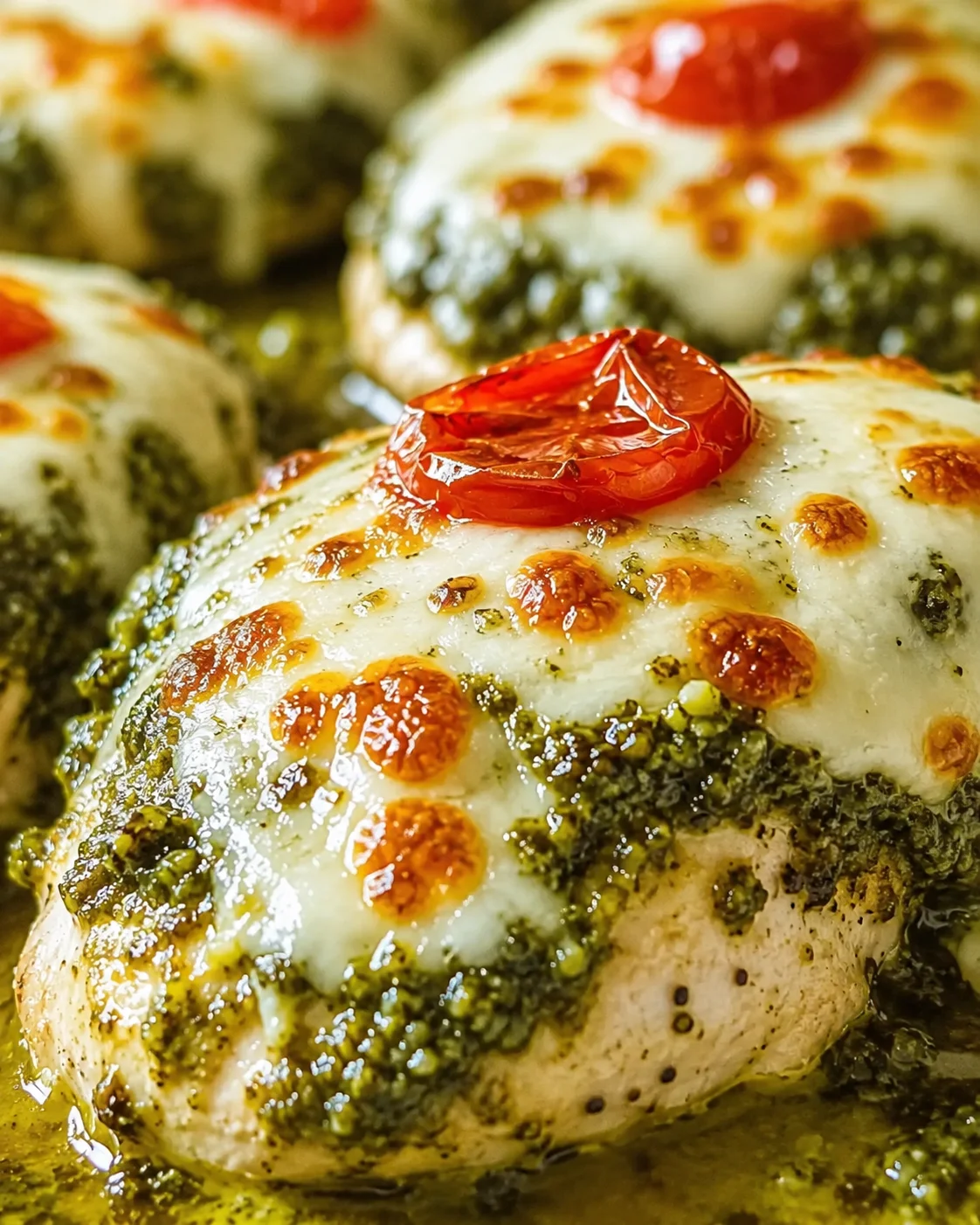 close-up of herb-crusted baked chicken topped with melted cheese and a cherry tomato