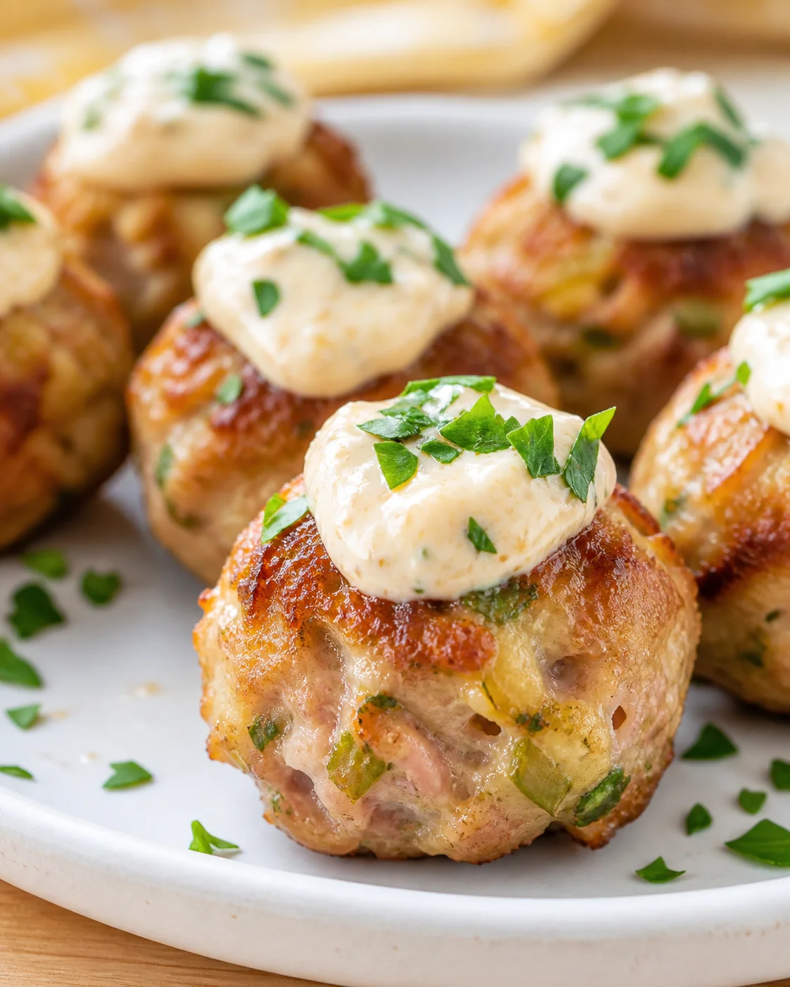 Close-up of golden-brown meat bites with creamy topping and parsley on a white plate