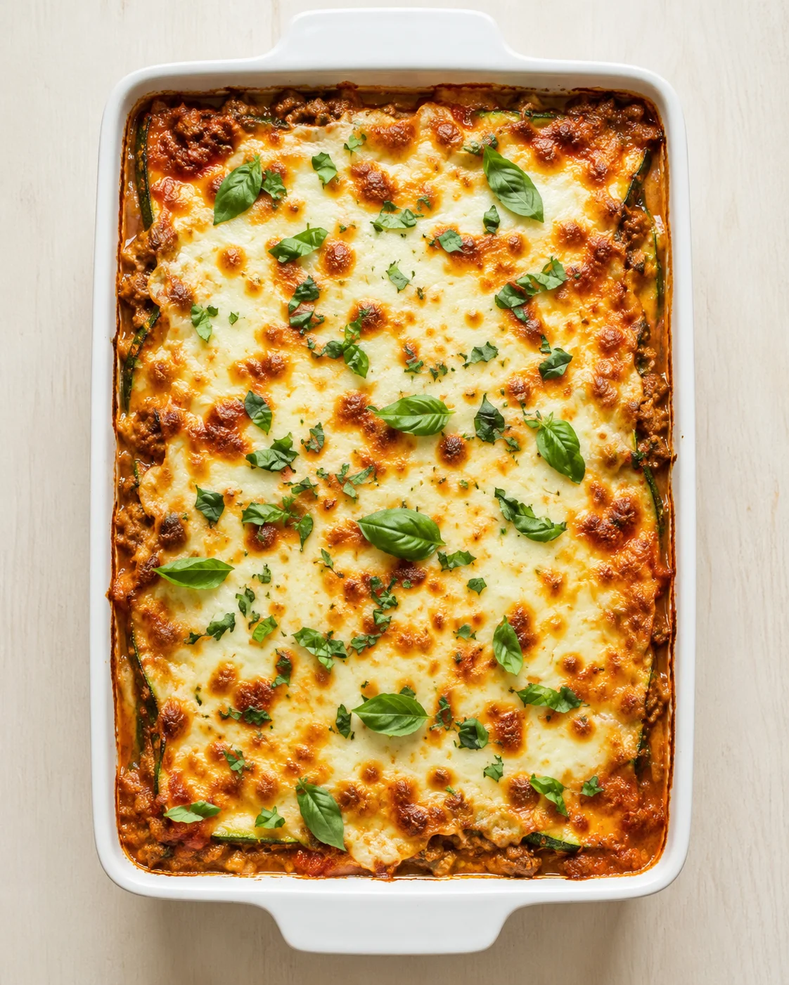 Cheesy lasagna baked in a white dish topped with fresh basil leaves