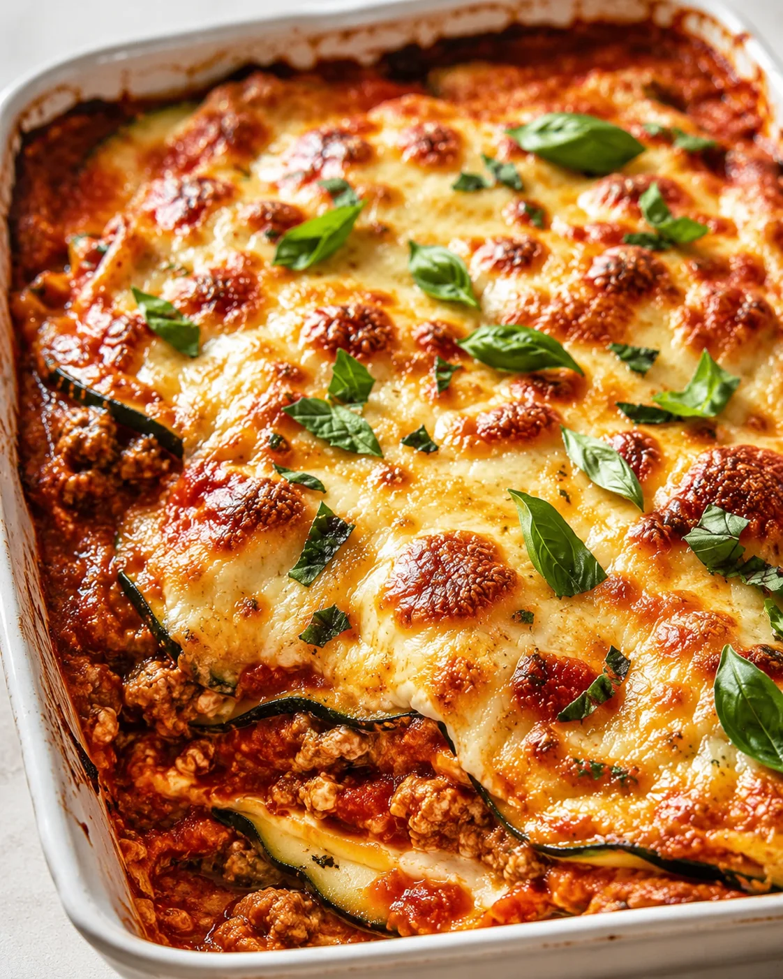 Golden baked lasagna with zucchini layers, bubbling cheese, and fresh basil in a baking dish.