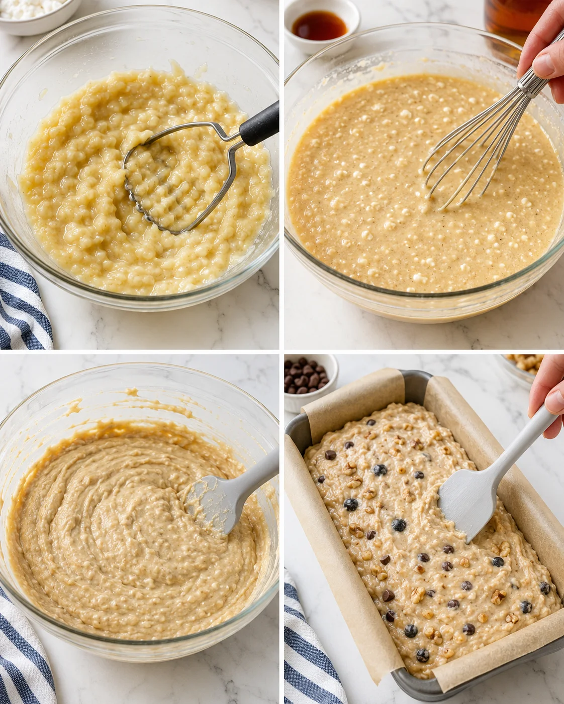 collage showing banana bread batter stages: mashing, whisking, thick batter, and pan with chips and nuts