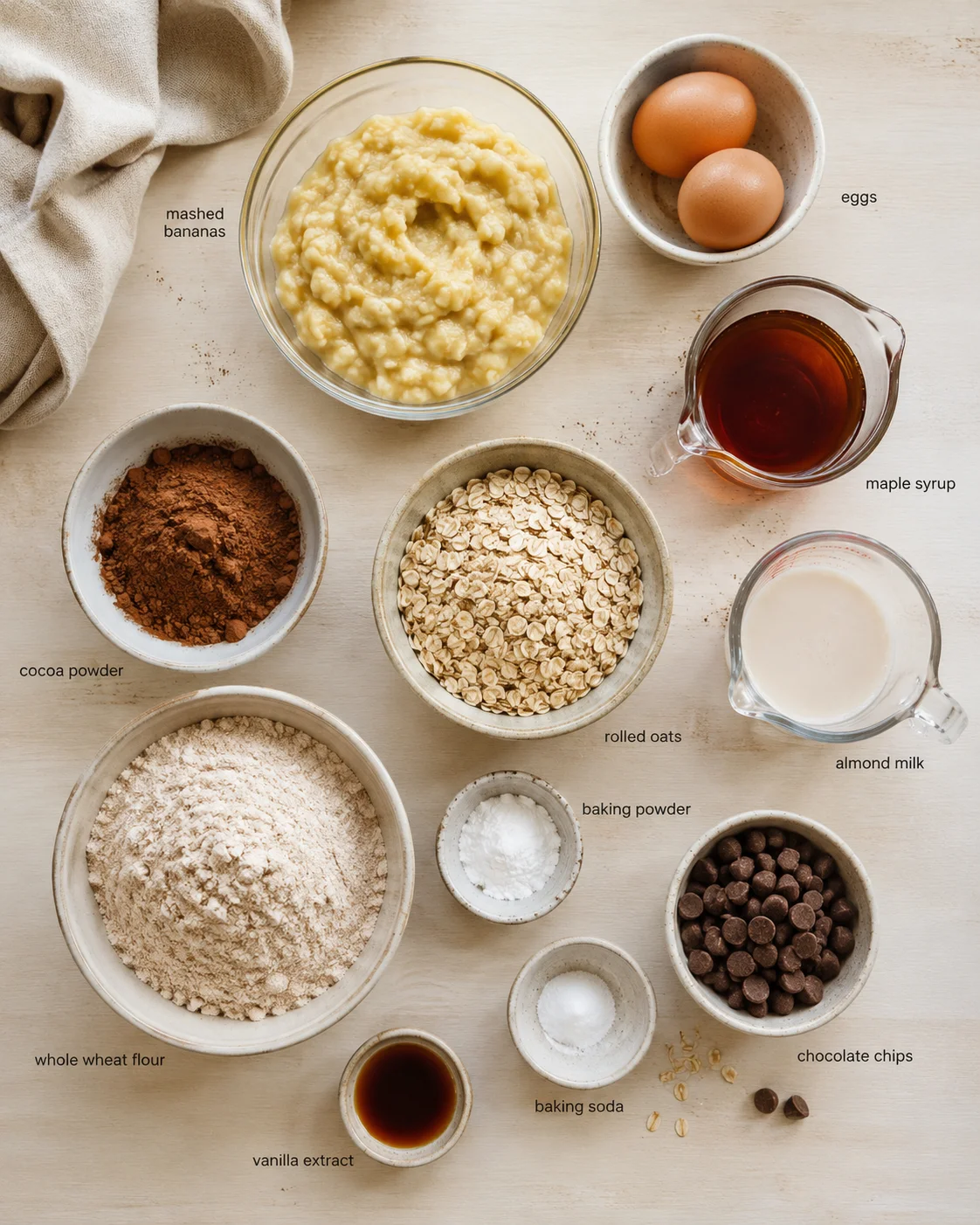 top-down view of banana bread ingredients arranged on a light wooden surface.