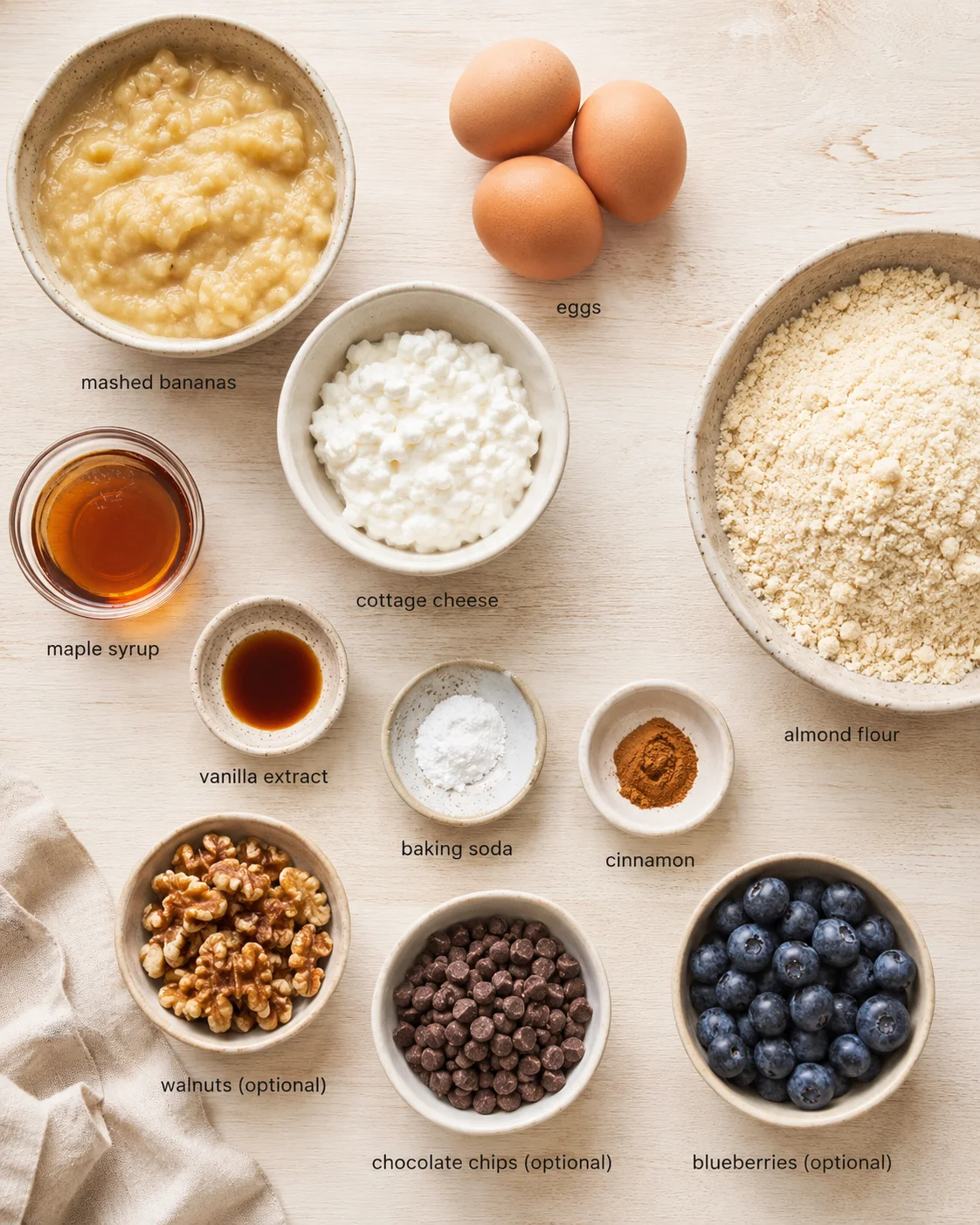 overhead shot of a light wood surface with labeled bowls of banana bread ingredients and mix-ins