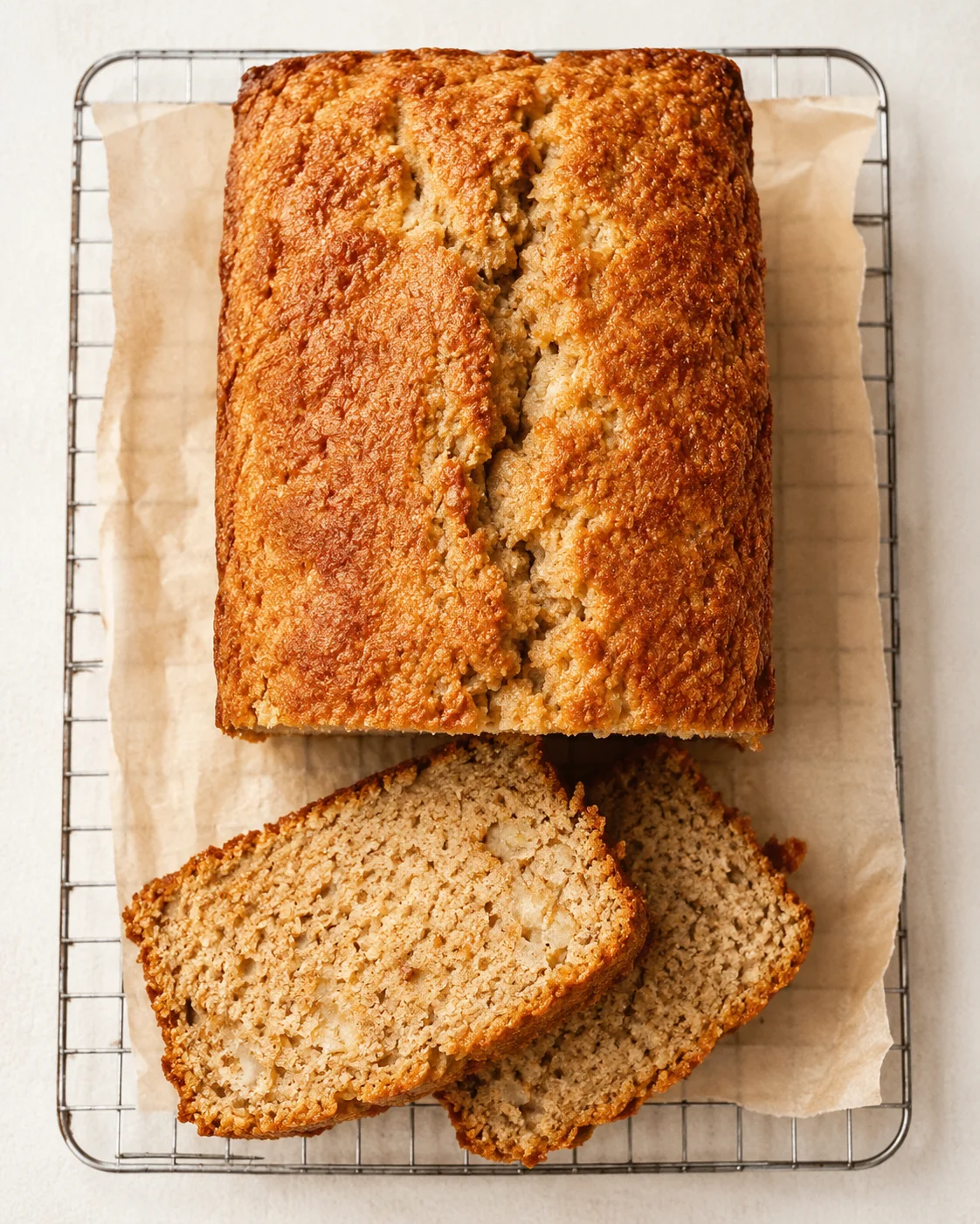 golden-brown banana bread loaf on a cooling rack with two sliced pieces nearby