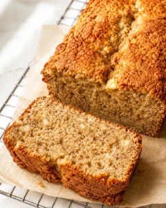 Close-up of a golden-brown banana bread loaf on parchment with a sliced piece showing a moist crumb.