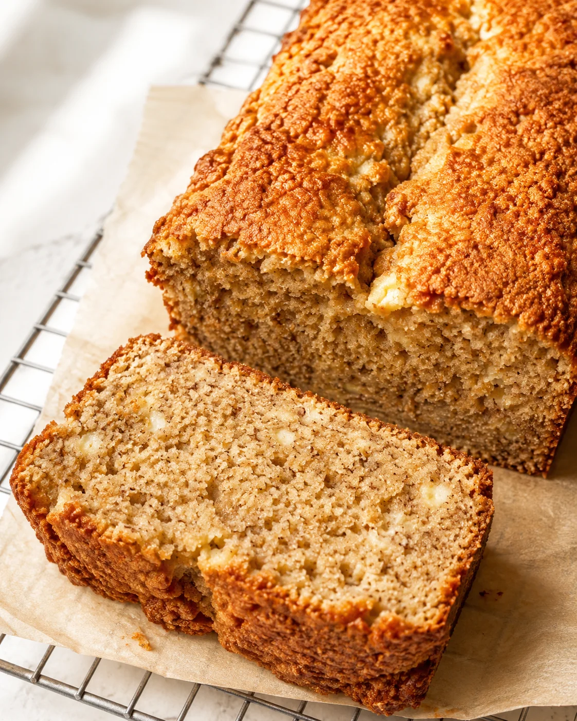 Close-up of a golden-brown banana bread loaf on parchment with a sliced piece showing a moist crumb.