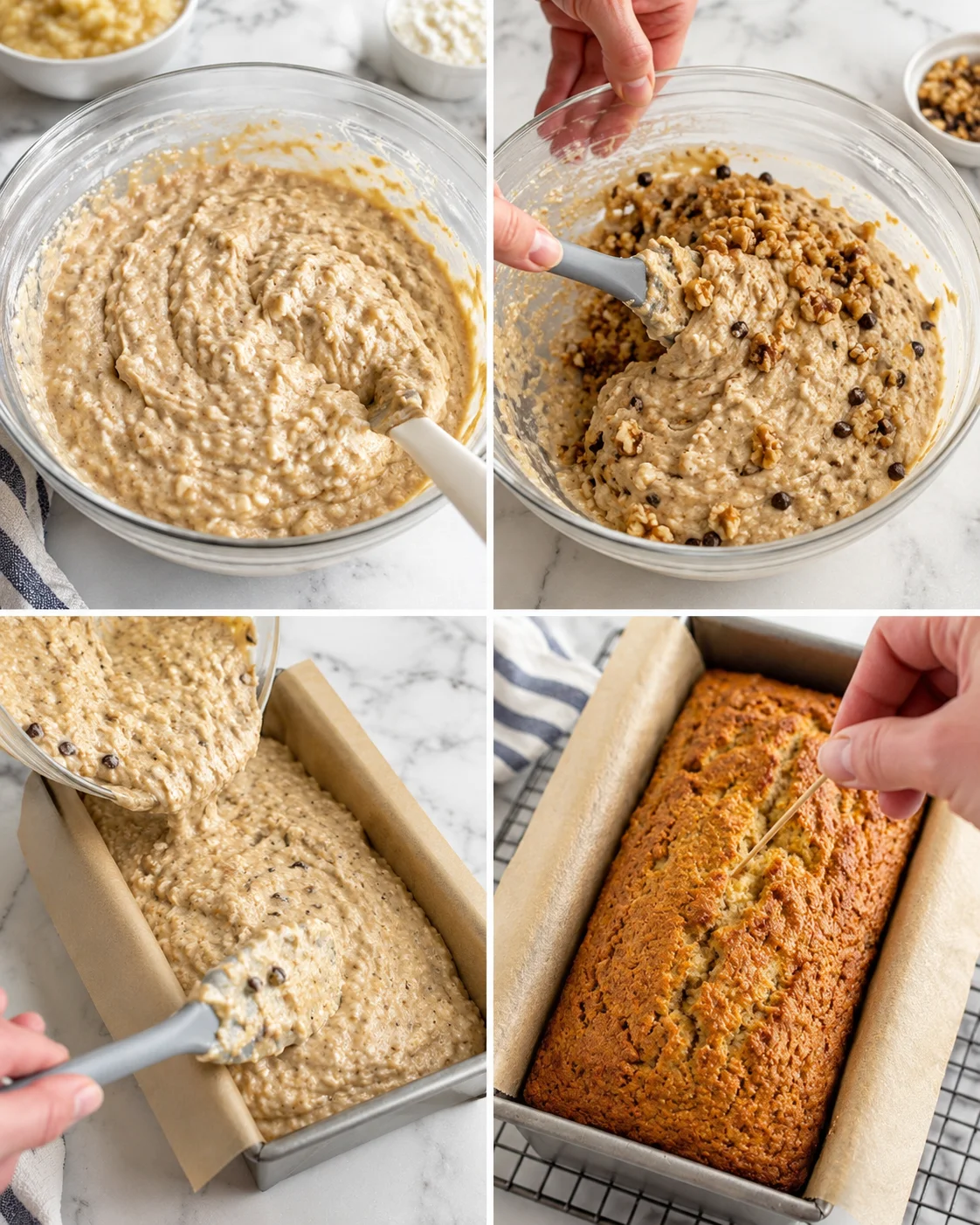 collage showing batter mixing, nuts and chips folded in, batter poured into loaf pan, and baked loaf on rack