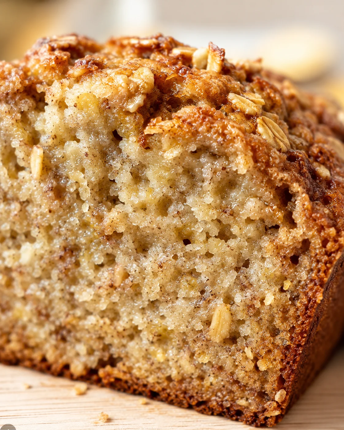 Close-up of a moist banana bread slice with oat streusel topping and a golden crust.