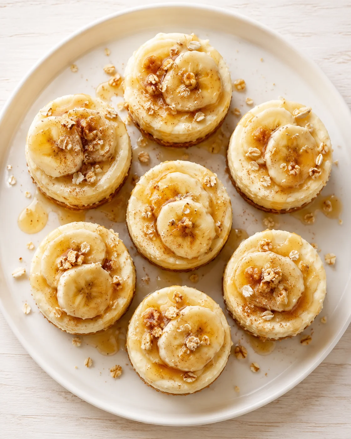 Eight banana-topped mini cheesecakes on a white plate with caramel drizzle and oat crumble.