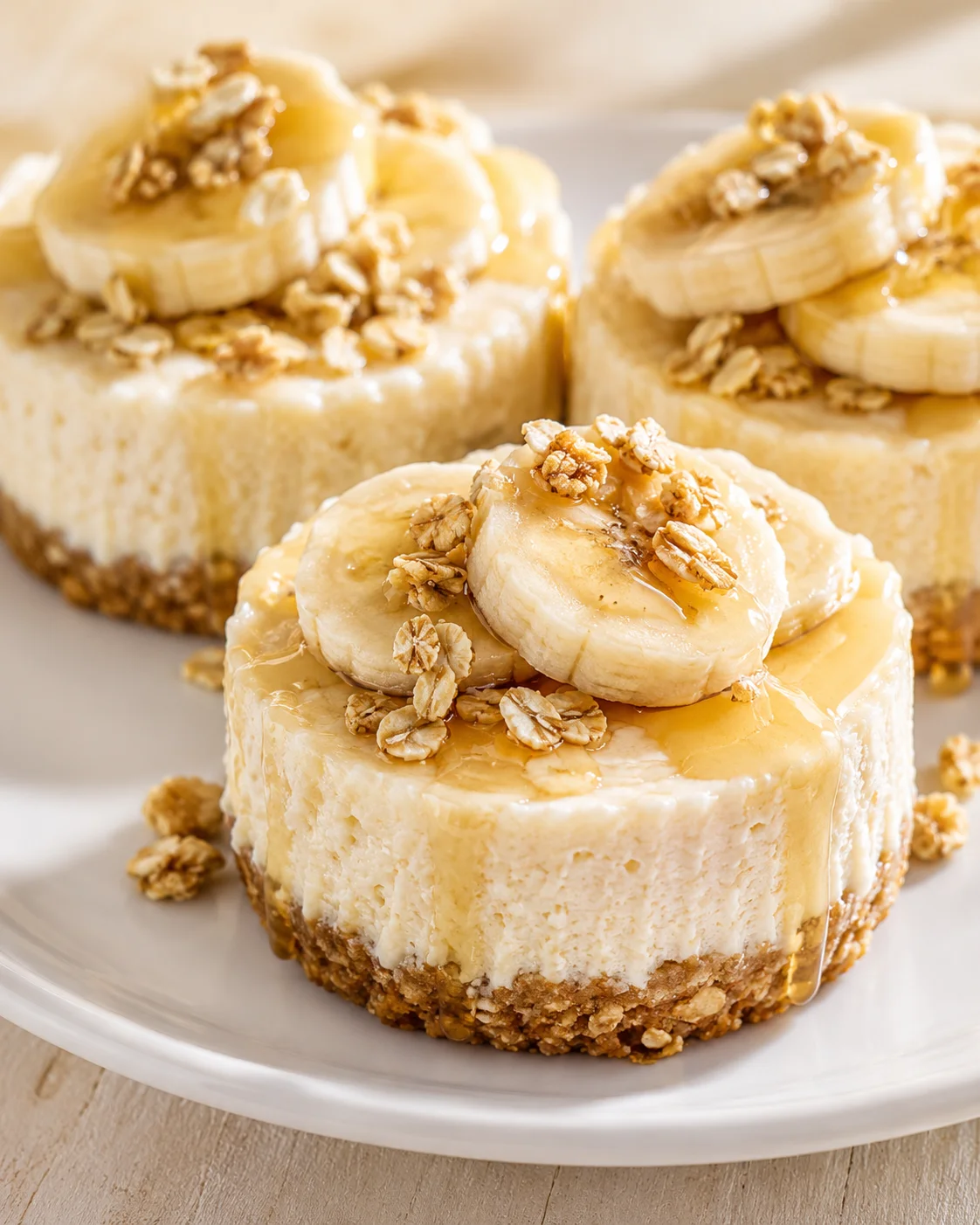 Mini banana cheesecakes topped with banana slices and granola on a plate