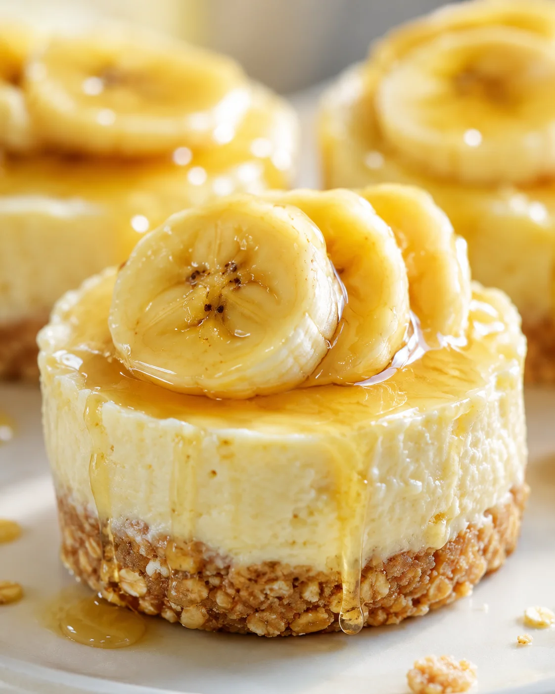 banana-topped cheesecake with caramel glaze and nut crust on a white plate