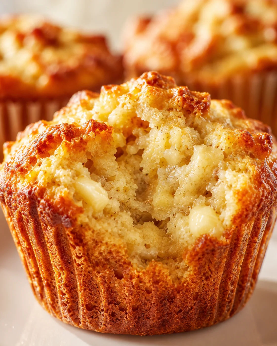 Close-up of a golden-brown muffin with a crumbly crust and tender pale interior