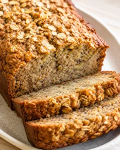 banana-oat loaf with oats on top, sliced to show moist, speckled crumb.