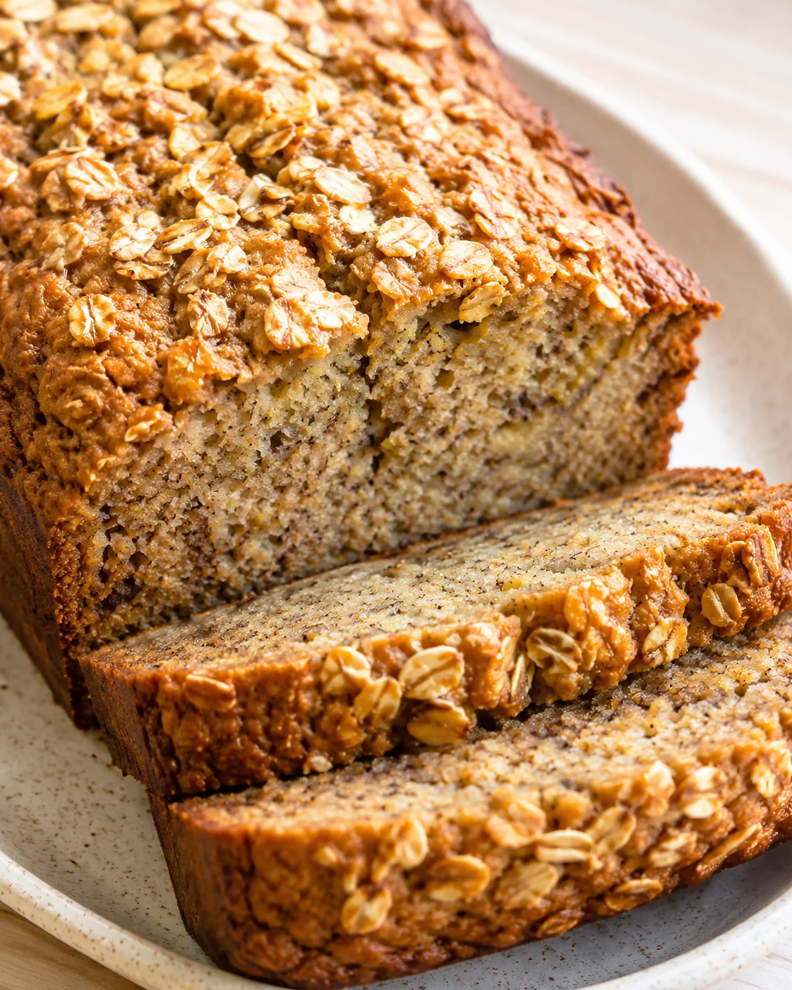 banana-oat loaf with oats on top, sliced to show moist, speckled crumb.