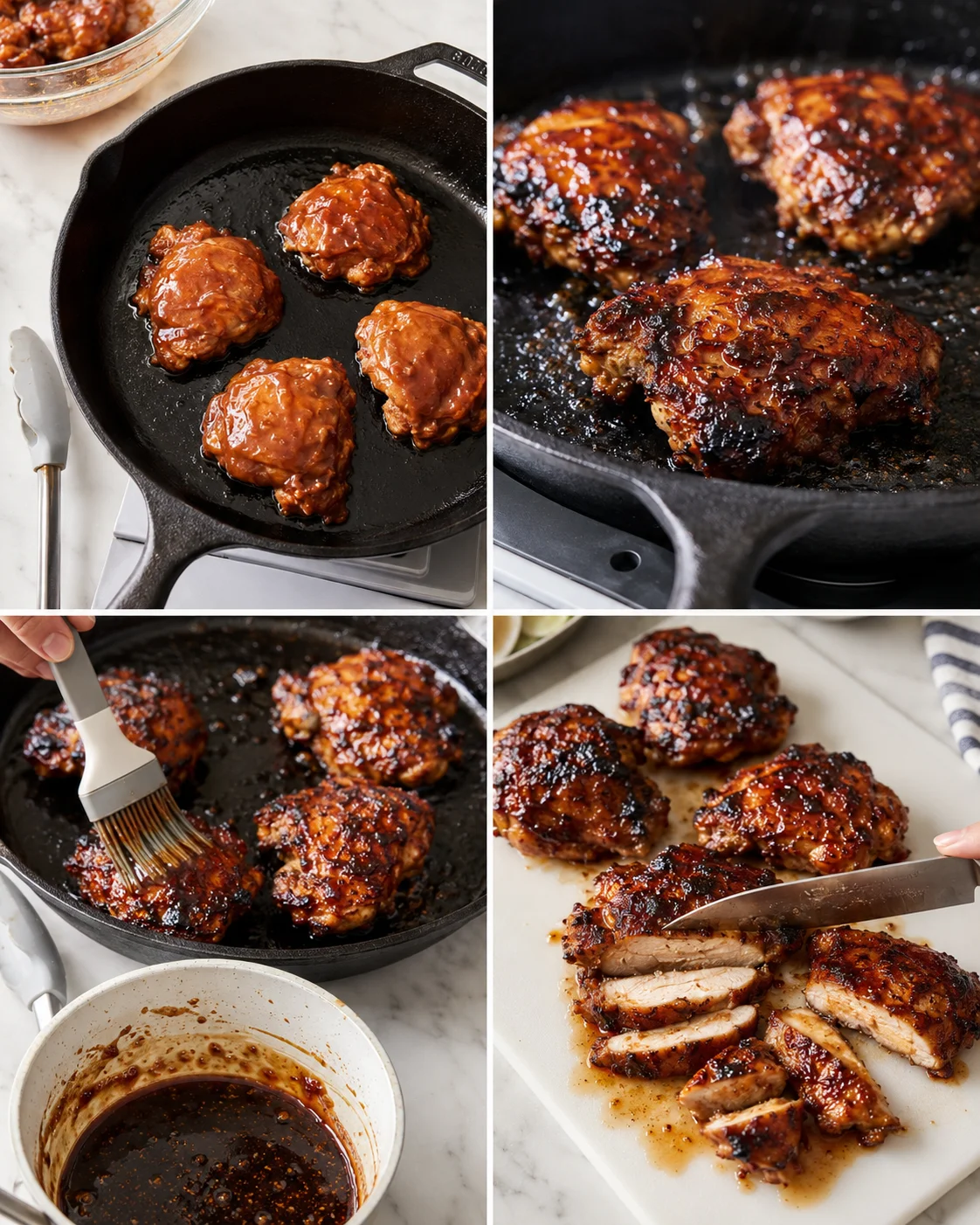collage showing skillet with glazed meat patties, a basting brush, and sliced roasted meat