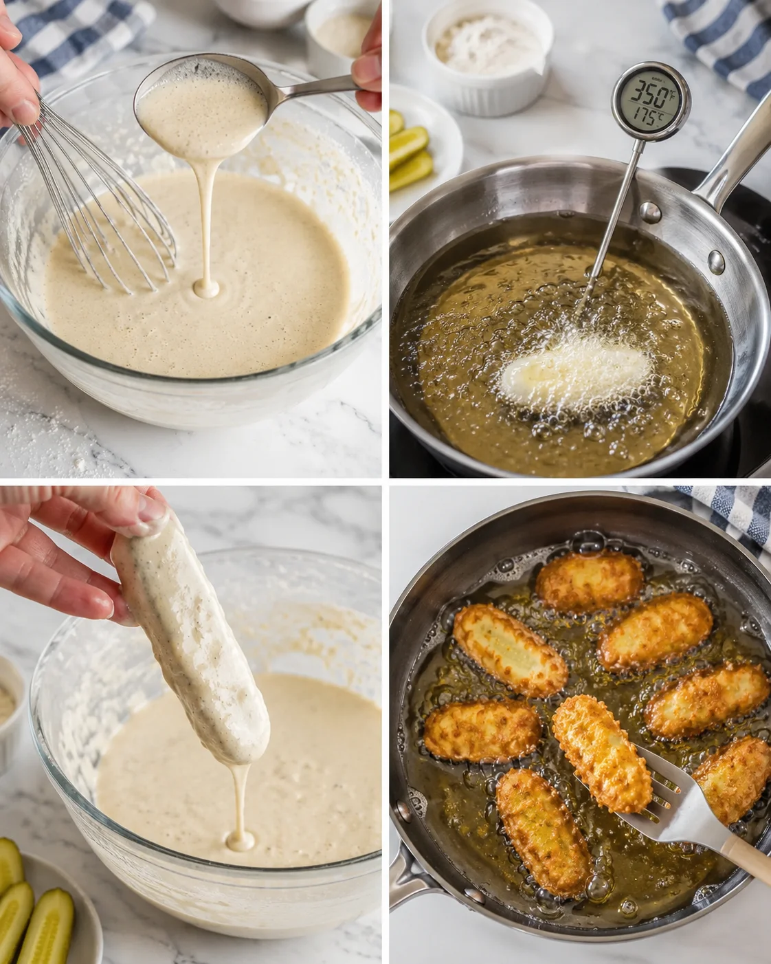 collage showing batter whisking, oil heating to 350F, dipping pieces, and cooking golden croquettes