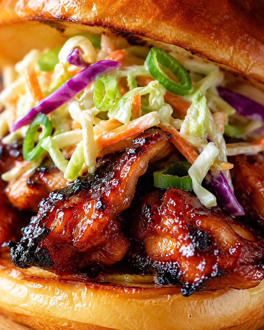Close-up of a glossy bbq chicken sandwich on a brioche bun, topped with colorful coleslaw.