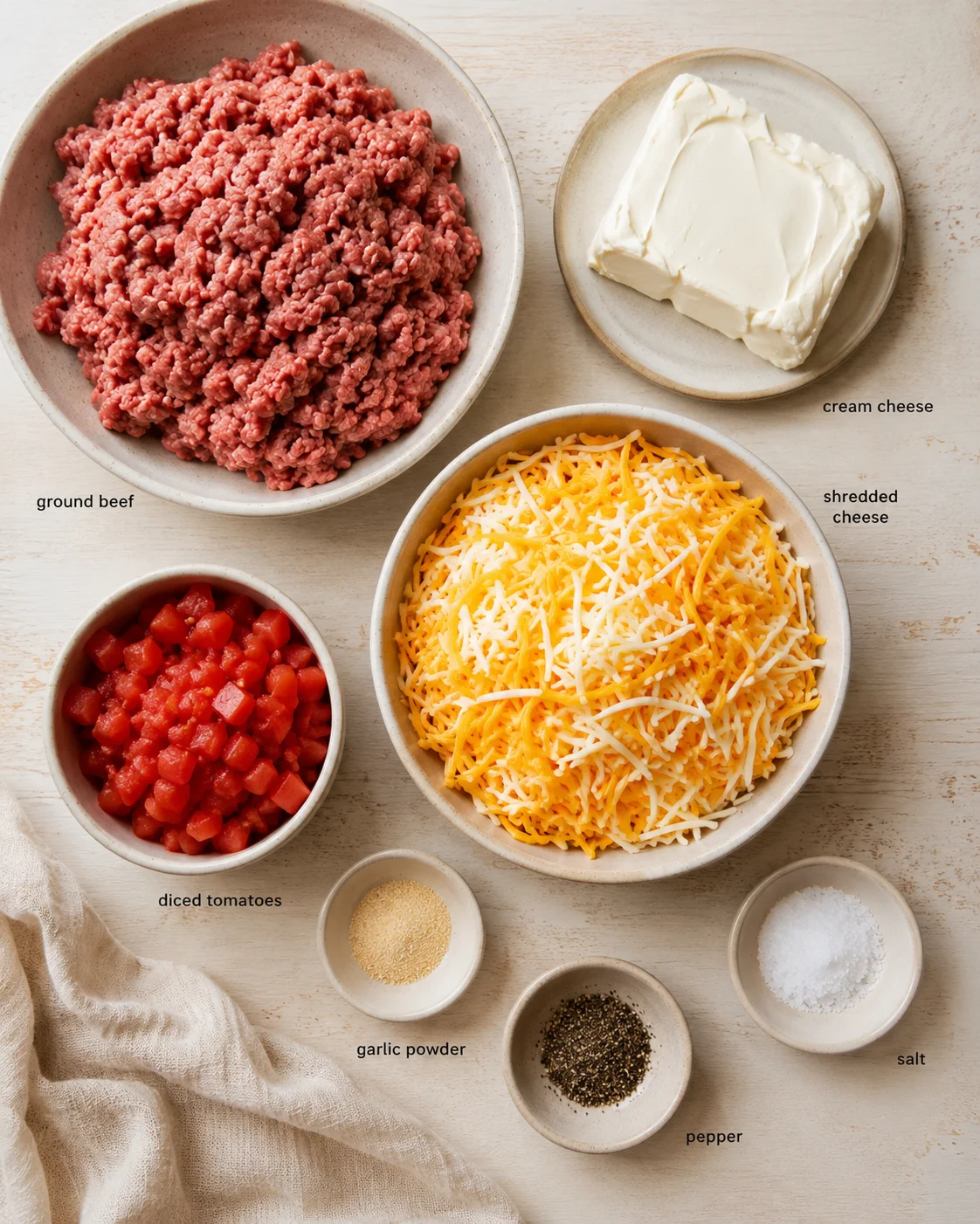 overhead view of ground beef, cream cheese, shredded cheese, diced tomatoes, with seasonings on a light wooden surface