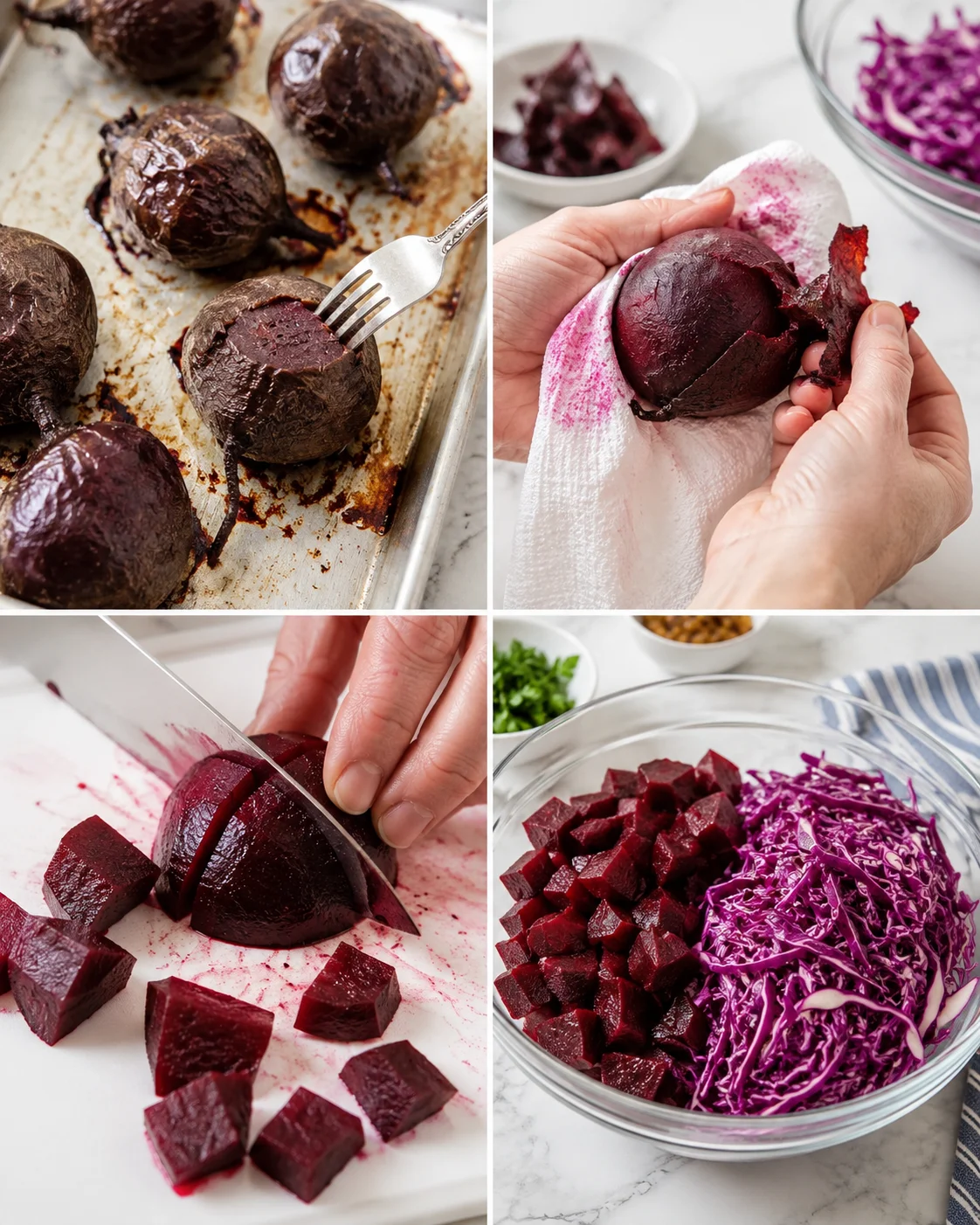 collage of roasted beets, peeling, dicing, and shredded purple cabbage on a bright kitchen counter